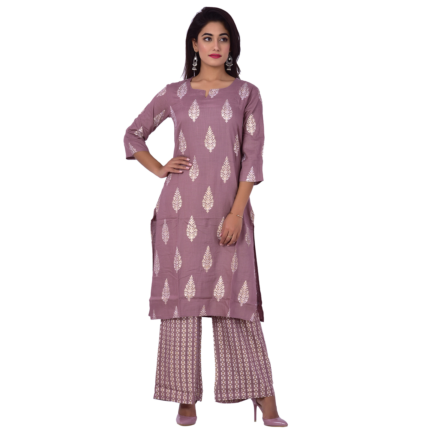 Ananda Jaipur Kurta and Palazzo Set Paisley 3/4th Sleeve Purple Silver Printed Kurti and Printed Plazzo