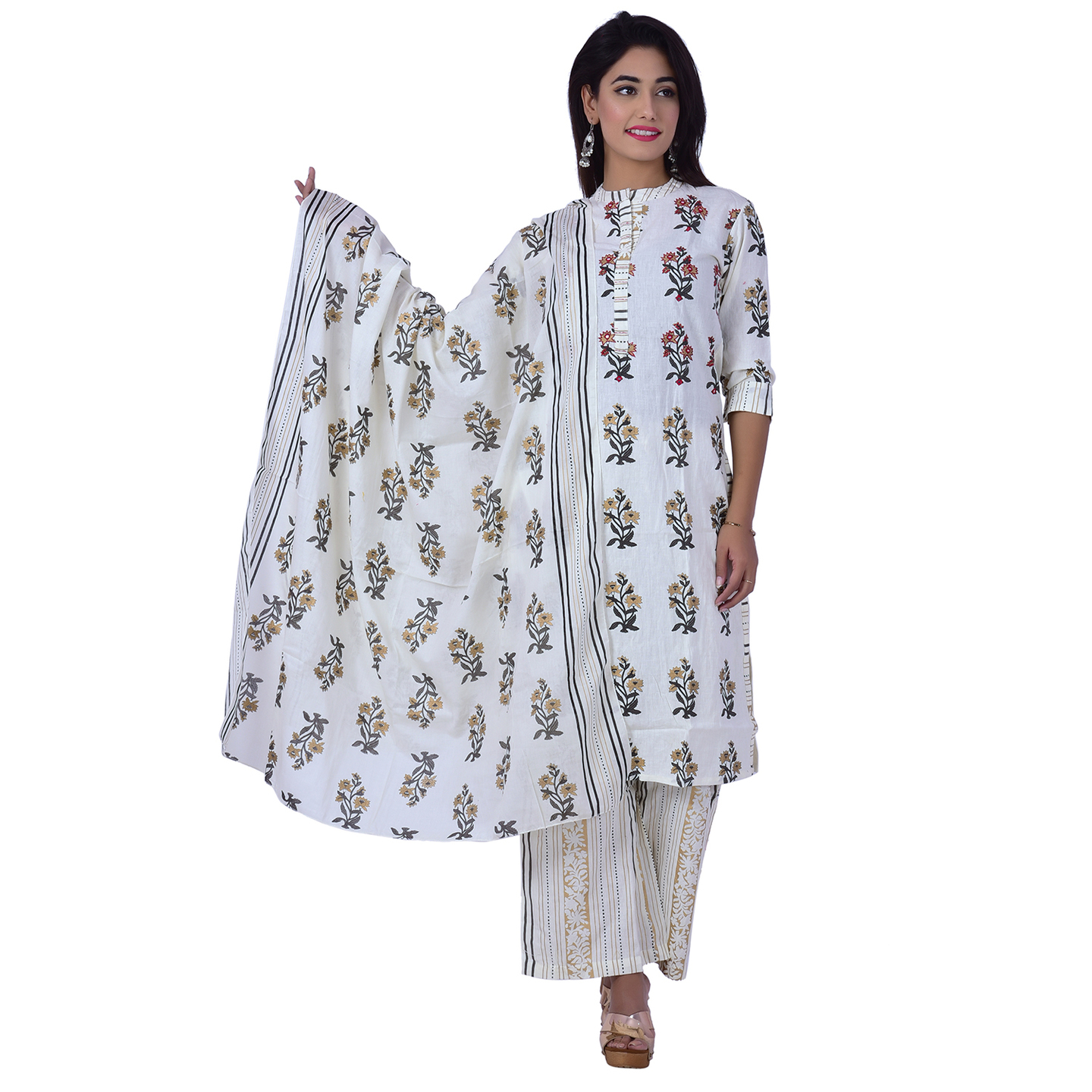 Floral Printed Cotton Kurti and Plazzo and Printed Malmal Dupatta Set