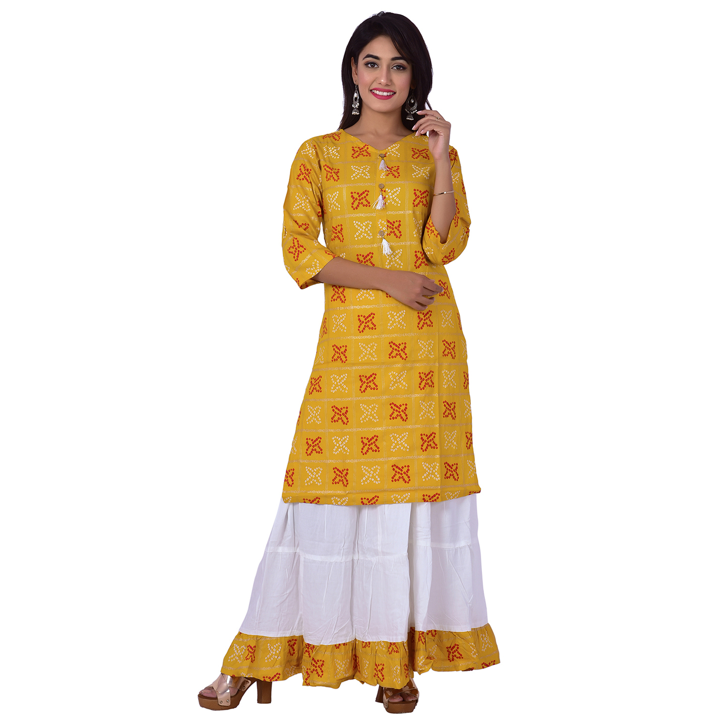 Ananda Jaipur Kurta and Skirt Set Printed 3/4th Sleeve Yellow Gold Printed Bandani Kurti with Plain White Skirt with Borders