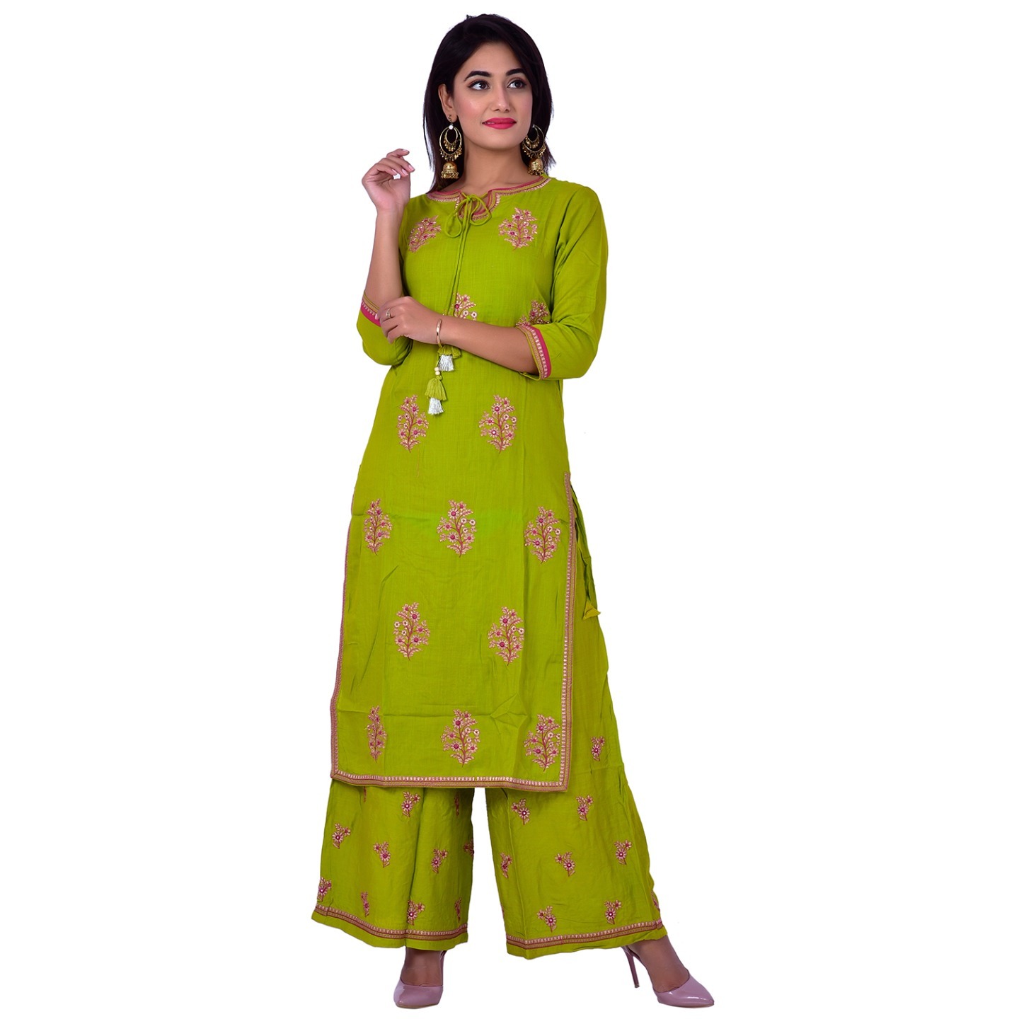 Ananda Jaipur Kurta and Palazzo Set Embroidered 3/4th Sleeve Green Embroidered Kurti with Embroidered Plazzo