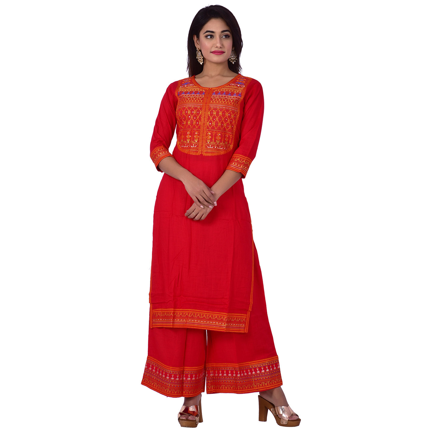 Ananda Jaipur Kurta and Palazzo Set Embroidered 3/4th Sleeve Red Embroidered Body and Border in Kurti and Embroidered Border Plazzo