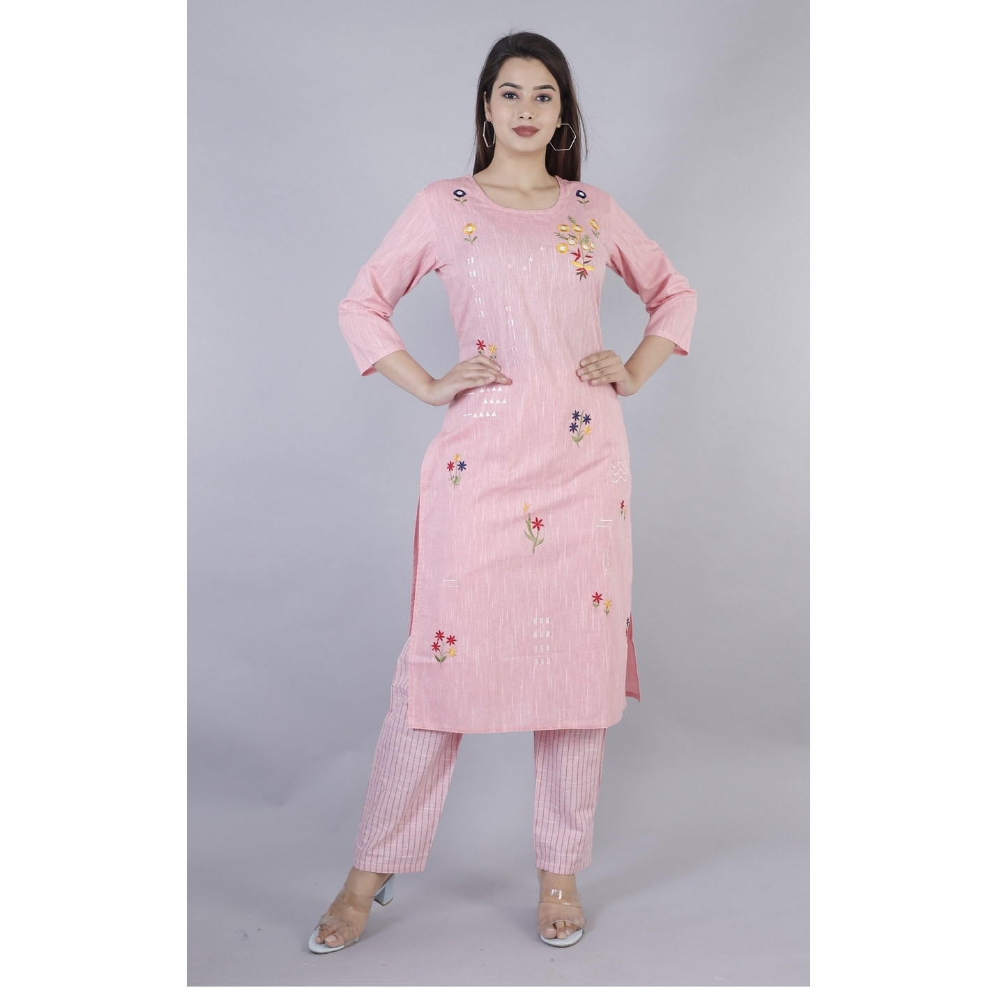 Women's Embroidered Cotton Kurta With Pant Set (Light Pink)