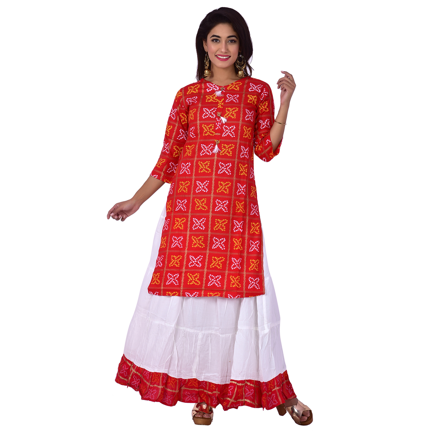 Ananda Jaipur Kurta and Skirt Set Printed 34th Sleeve Red Gold Printed Bandani Kurti with Plain White Skirt with Borders