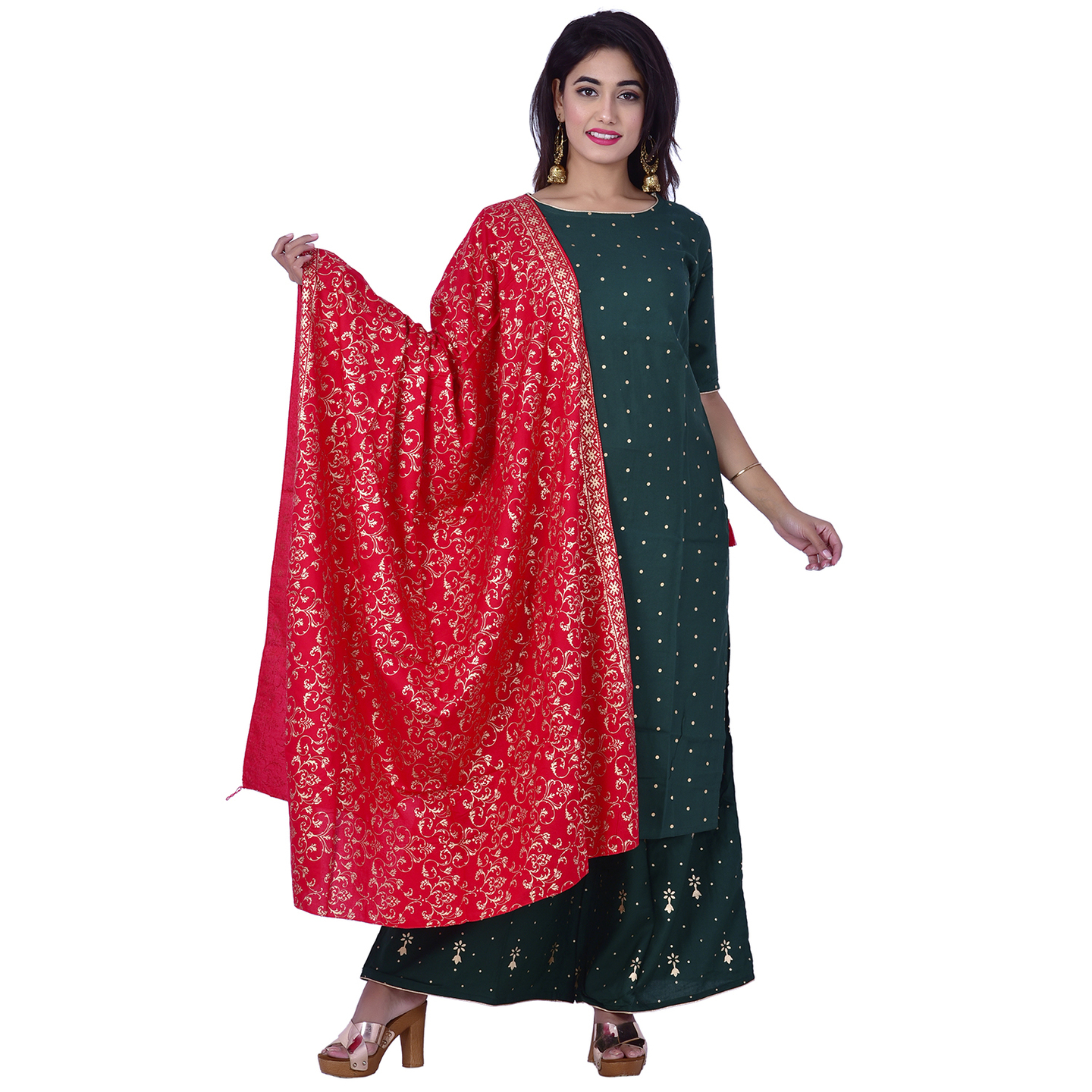 Ananda Jaipur Kurta and Palazzo Set Polka Print Short Sleeve Green Polka dot printed Kurti with Printed Plazzo and Dupatta
