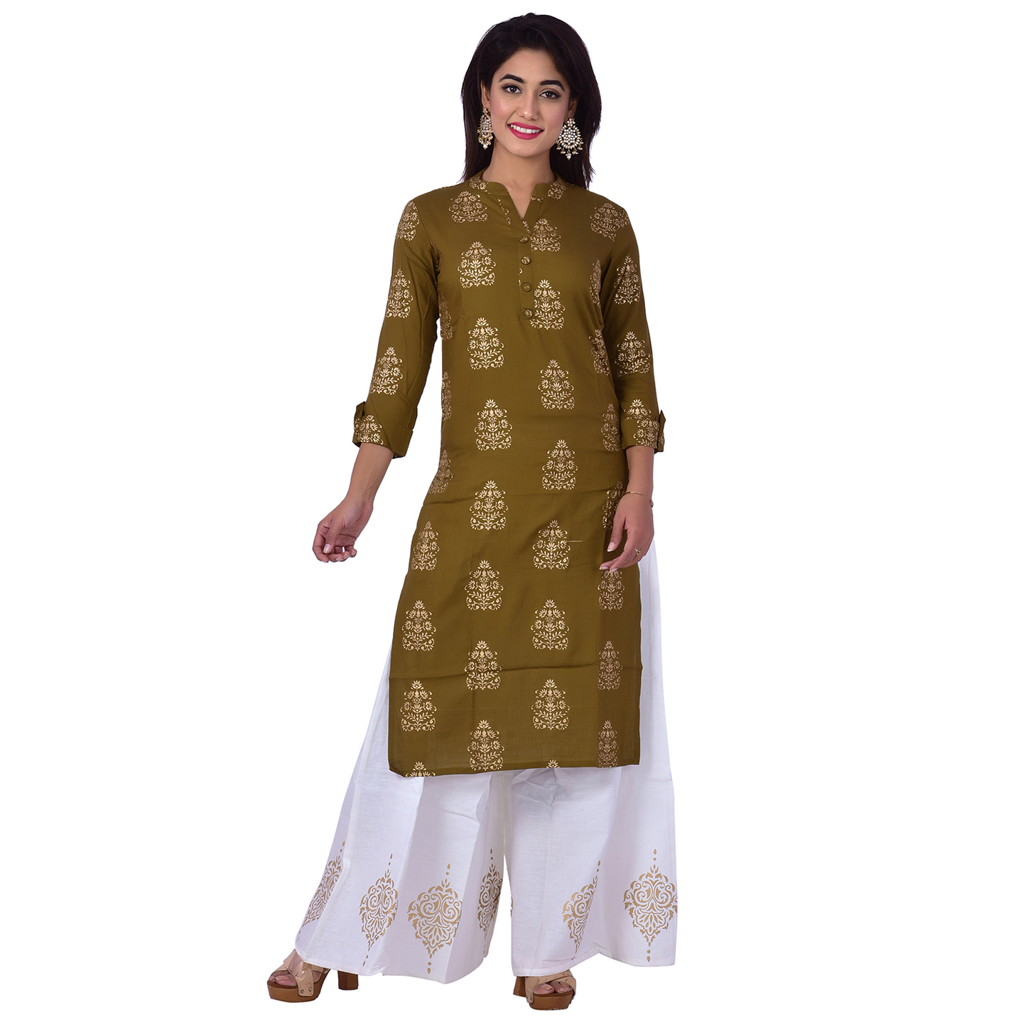 Ananda Jaipur Kurta and Palazzo Set Printed 3/4th Sleeve Green Ethnic Floral Printed Kurti with Buta Printed Plazzo