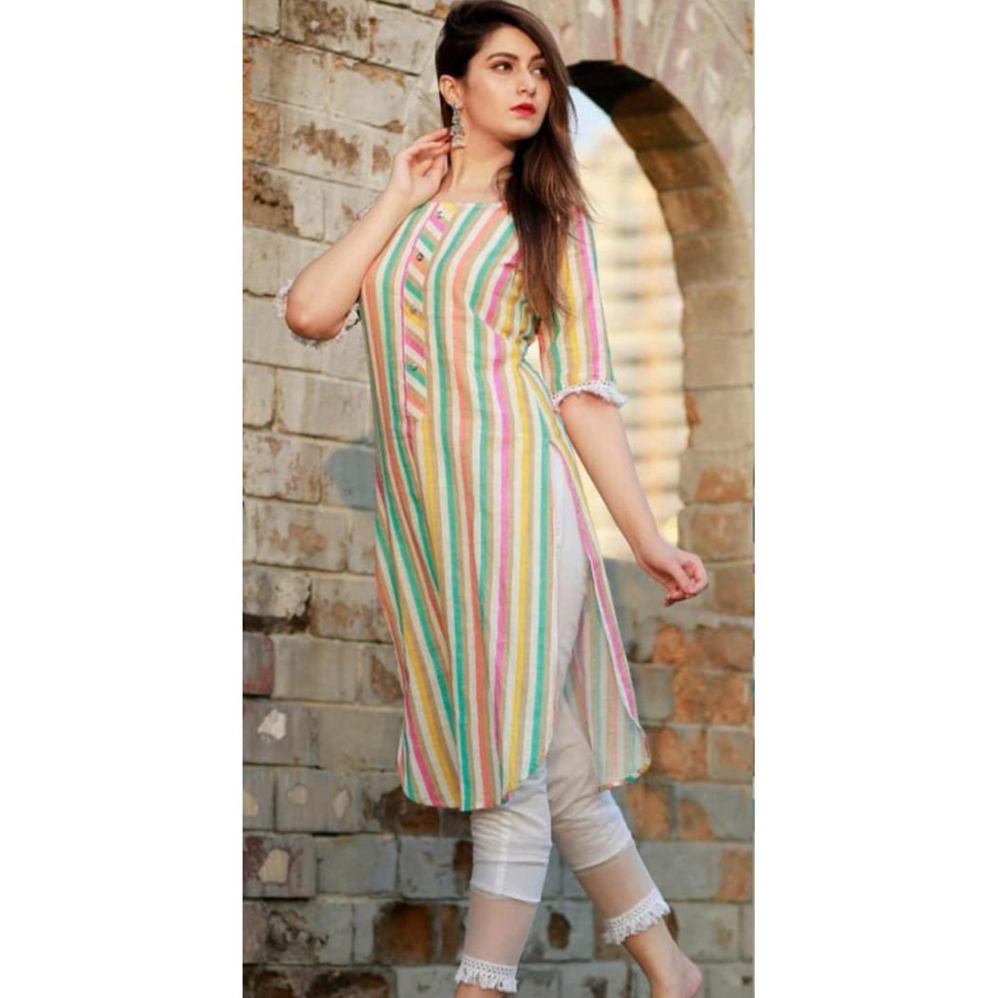 Multicolored New Party Wear Cotton Digital Lining Kurti Pant Set