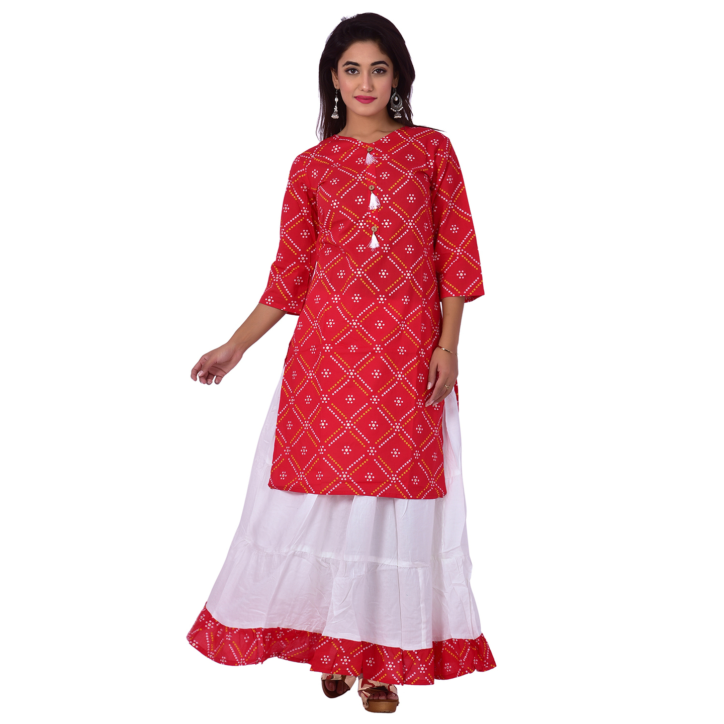 Ananda Jaipur Kurta and Skirt Set Printed 3/4th Sleeve Red Gold Printed Bandani Kurti with Plain White Skirt with Borders