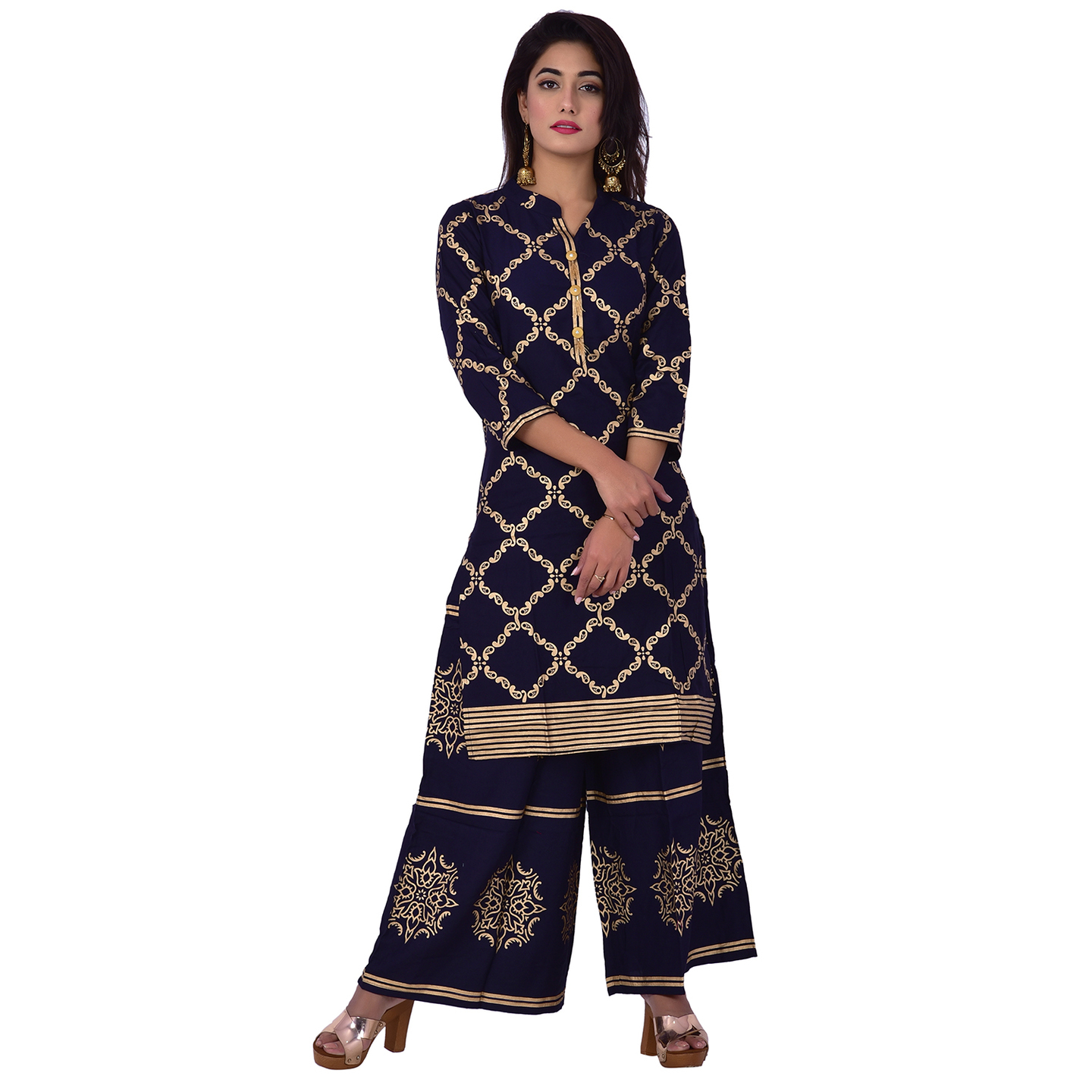 Ananda Jaipur Kurta and Palazzo Set Graphic Print 3/4th Sleeve Black Chain Printed Kurti and Buta Printed Plazzo
