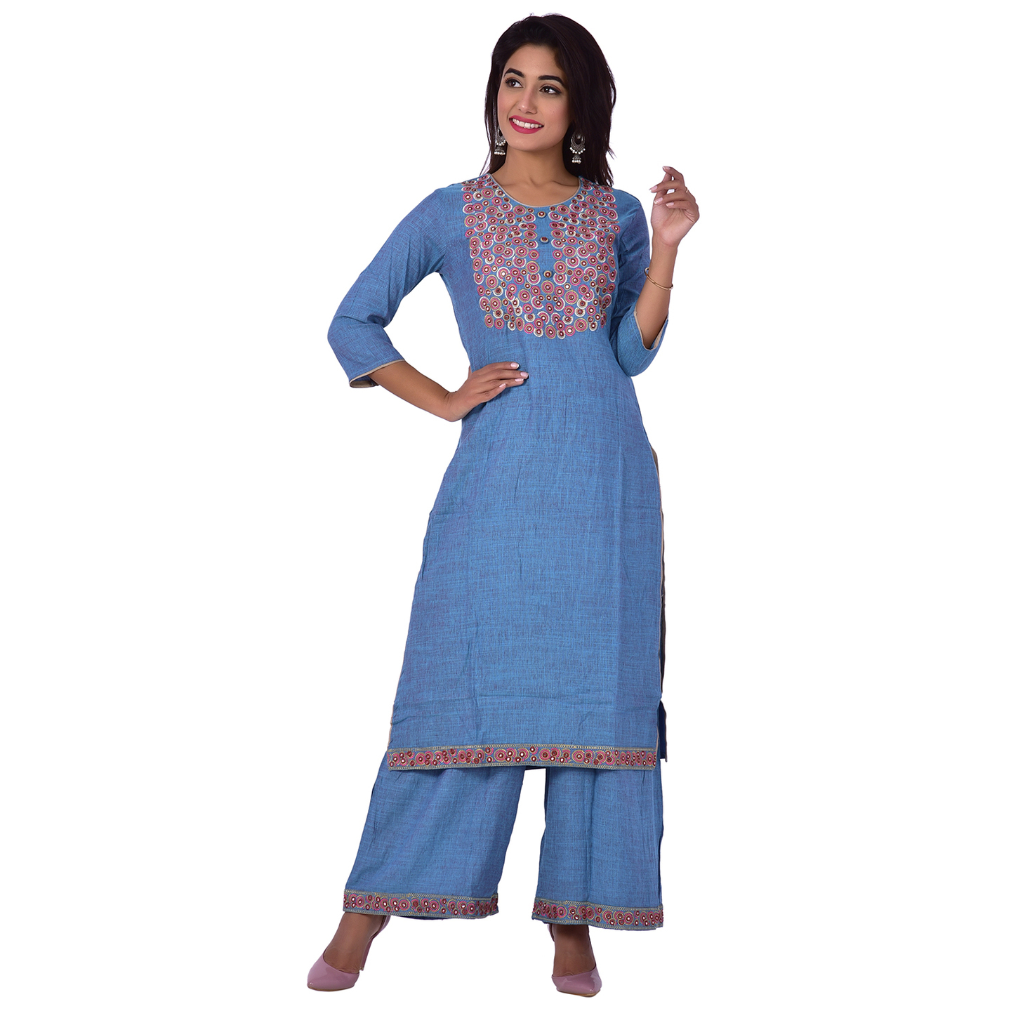 Ananda Jaipur Kurta and Palazzo Set Embroidered 3/4th Sleeve Blue Floral Embroidered Body with Border Kurti and Plazzo Set
