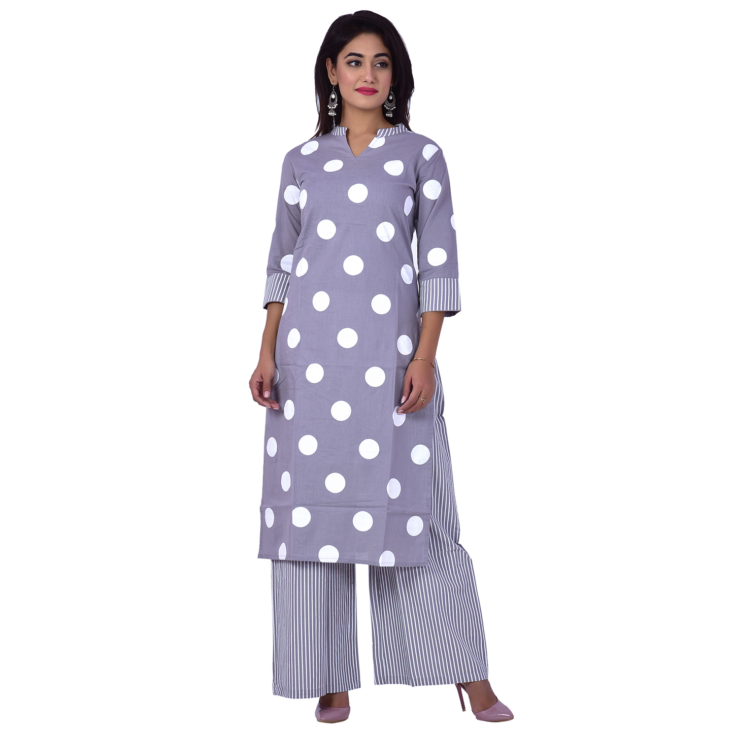 Ananda Jaipur Kurta and Palazzo Set Printed 3/4th Sleeve Grey Big polka Printed Kurti and Strip Printed Plazzo