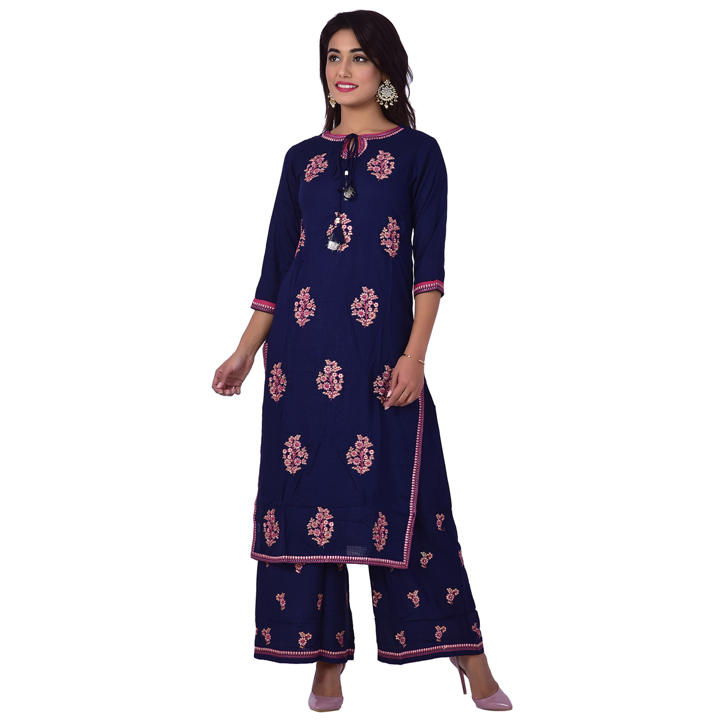 Ananda Jaipur Kurta and Palazzo Set Embroidered 3/4th Sleeve Blue Embroidered Kurti with Embroidered Plazzo