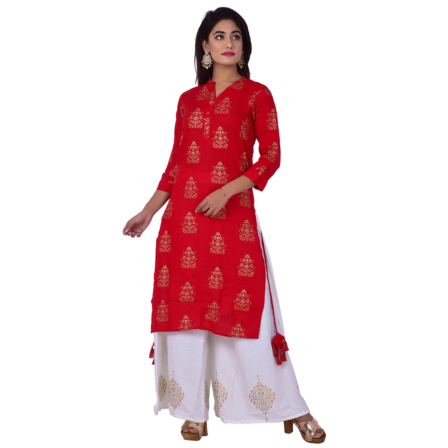 Ananda Jaipur Kurta and Palazzo Set Tribal Print 34th Sleeve Red Ethnic Floral Printed Kurti with Buta Printed Plazzo