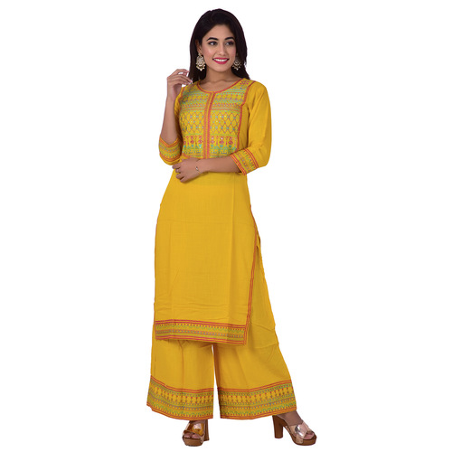 Ananda Jaipur Kurta and Palazzo Set Embroidered 3/4th Sleeve Yellow Embroidered Body and Border in Kurti and Embroidered Border Plazzo