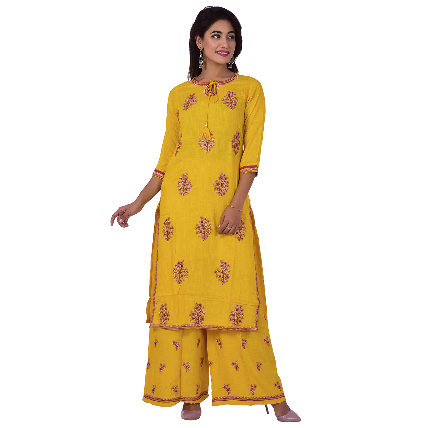 Ananda Jaipur Kurta and Palazzo Set Embroidered 3/4th Sleeve Yellow Embroidered Kurti with Embroidered Plazzo