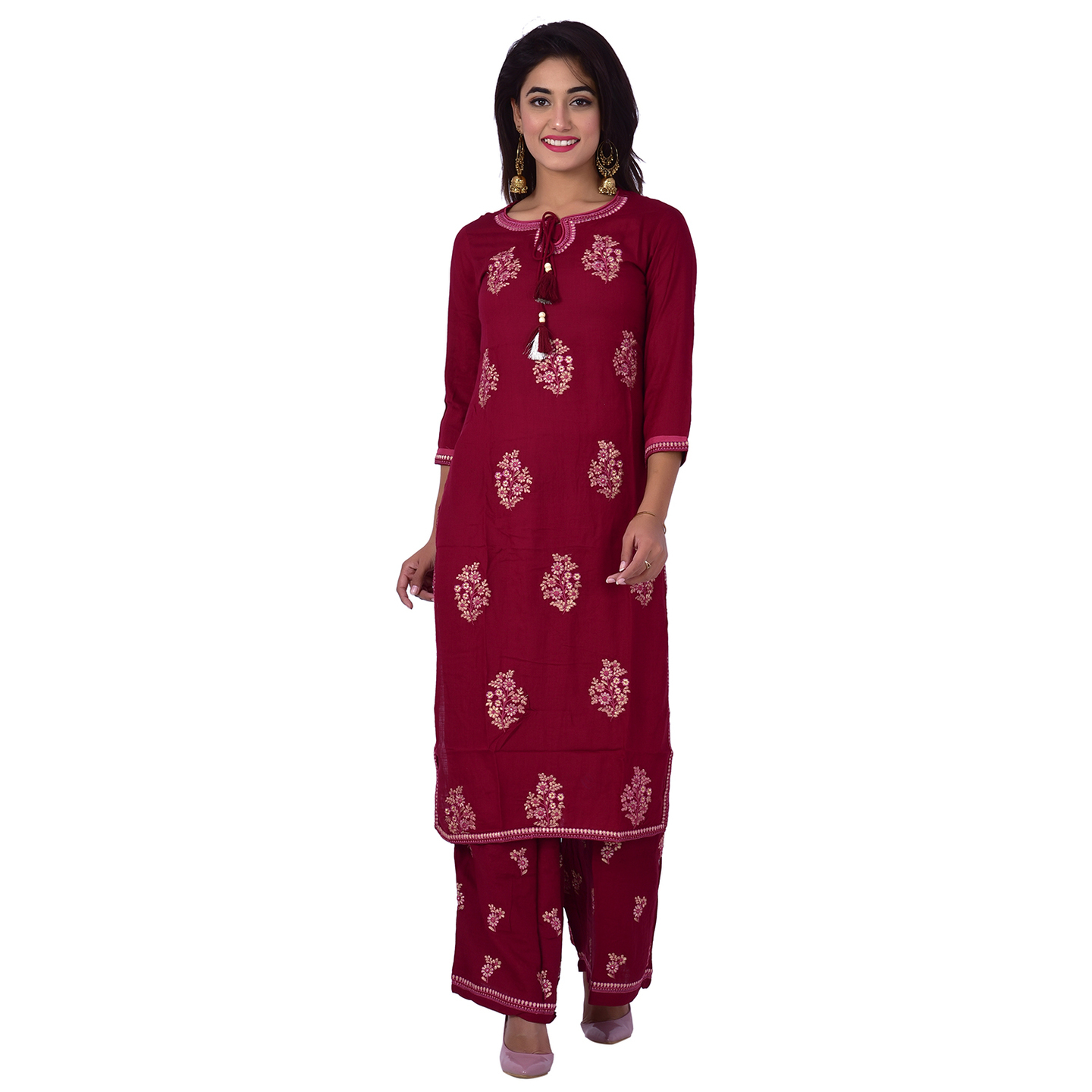 Ananda Jaipur Kurta and Palazzo Set Embroidered 3/4th Sleeve Red Embroidered Kurti with Embroidered Plazzo