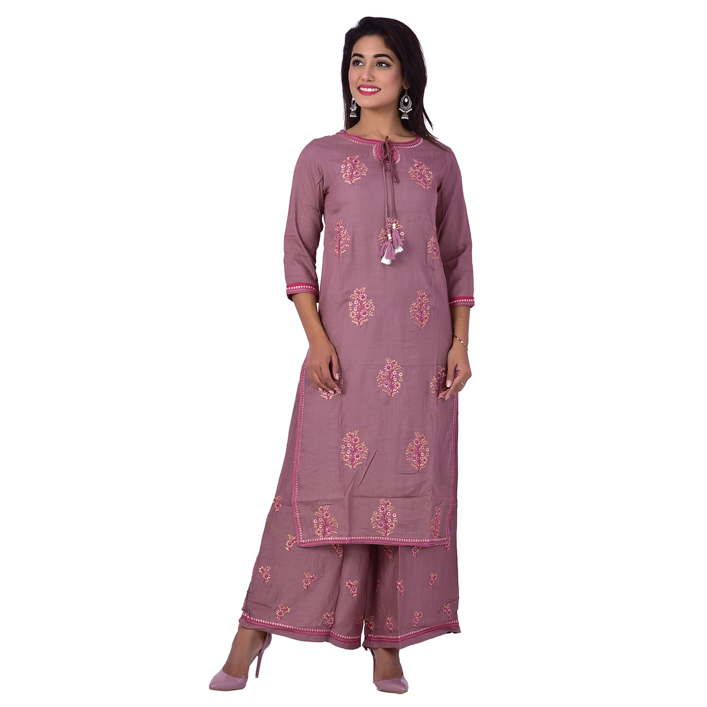 Ananda Jaipur Kurta and Palazzo Set Embroidered 3/4th Sleeve Purple Embroidered Kurti with Embroidered Plazzo