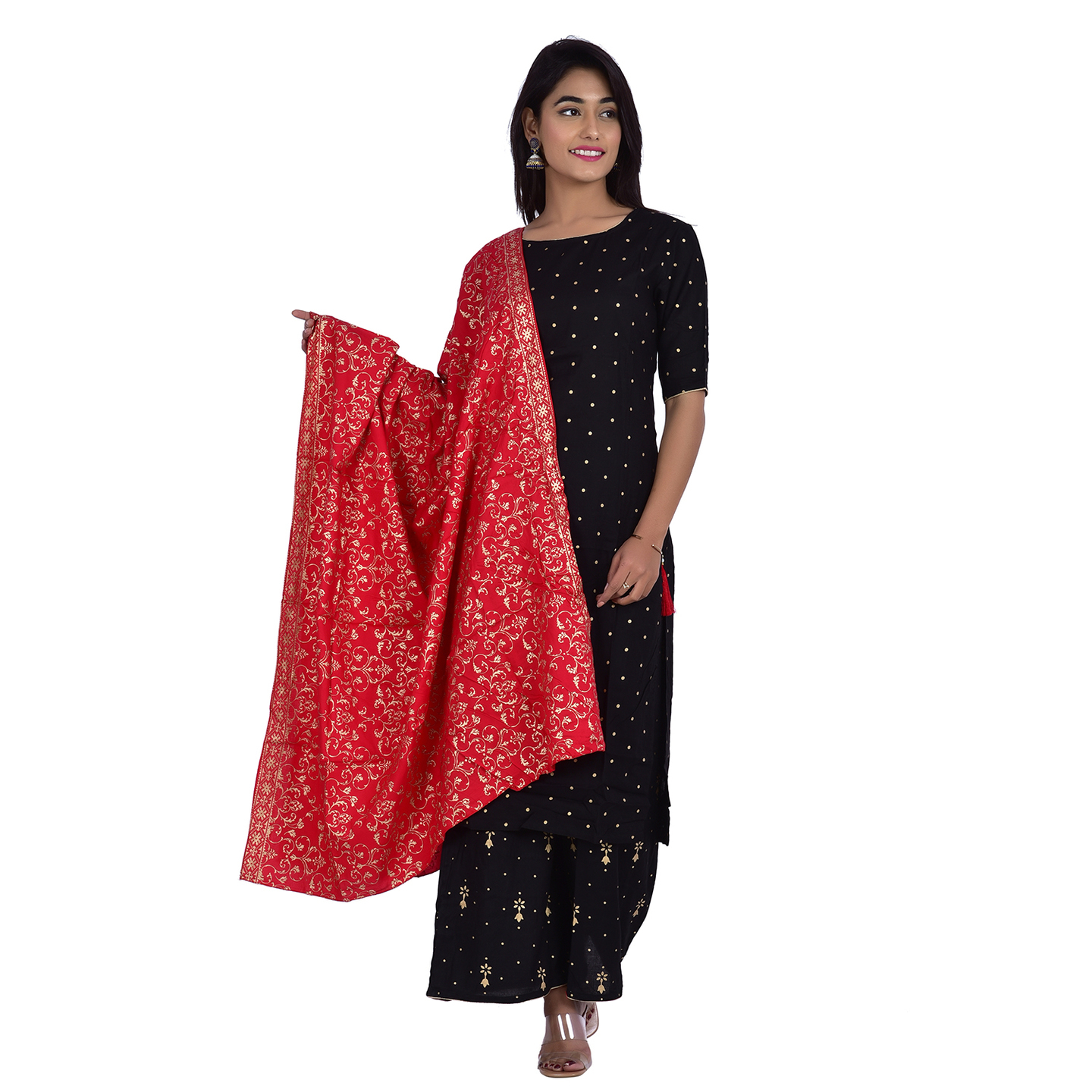 Ananda Jaipur Kurta and Palazzo Set Polka Print Short Sleeve Black Polka dot printed Kurti with Printed Plazzo and Dupatta