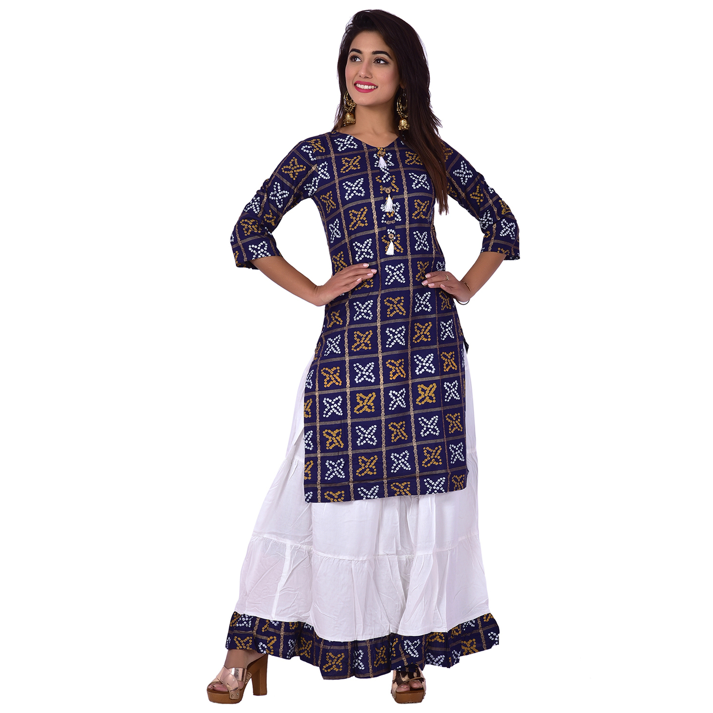 Ananda Jaipur Kurta and Skirt Set Printed 3/4th Sleeve Blue Gold Printed Bandani Kurti with Plain White Skirt with Borders