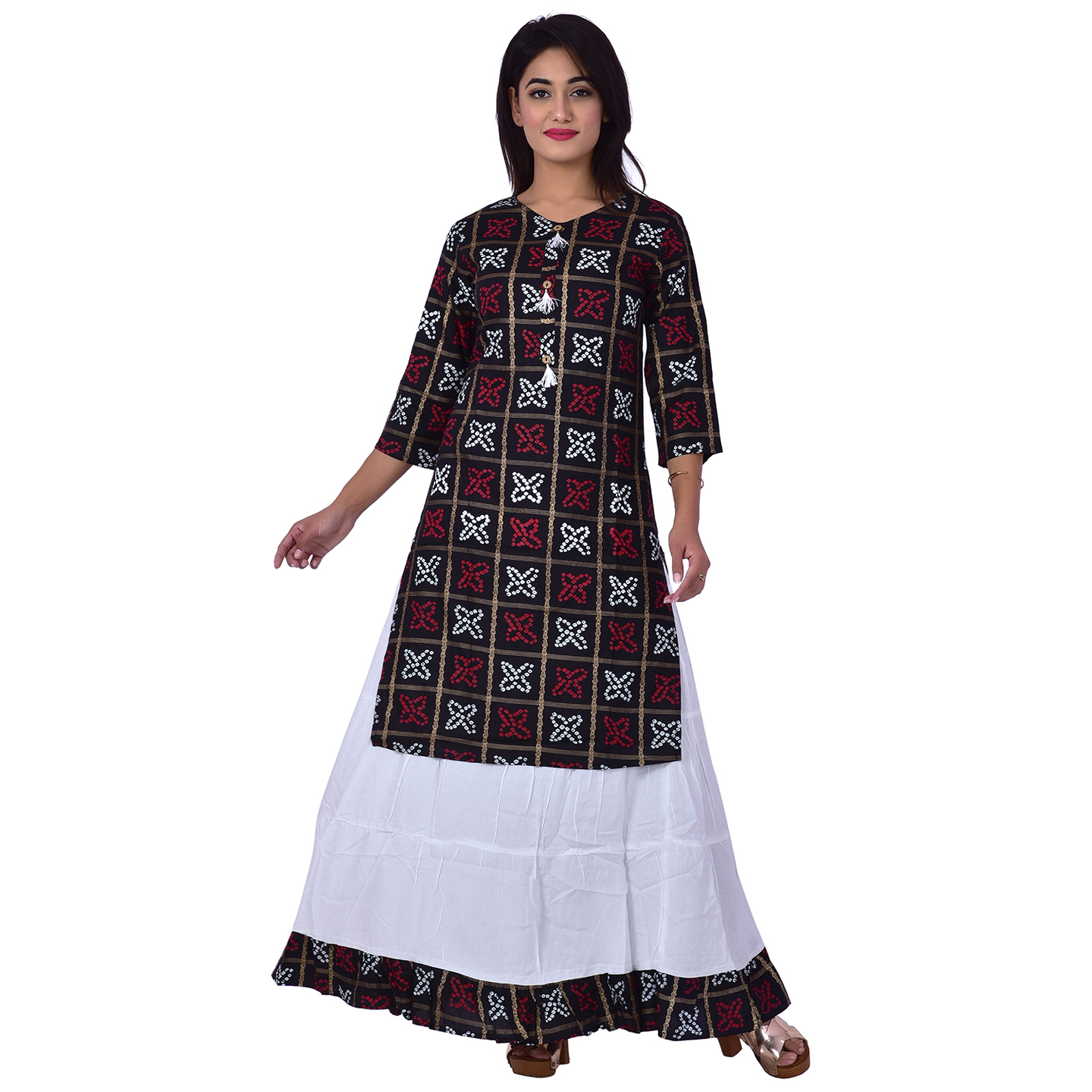 Ananda Jaipur Kurta and Skirt Set Printed 3/4th Sleeve Black Gold Printed Bandani Kurti with Plain White Skirt with Borders