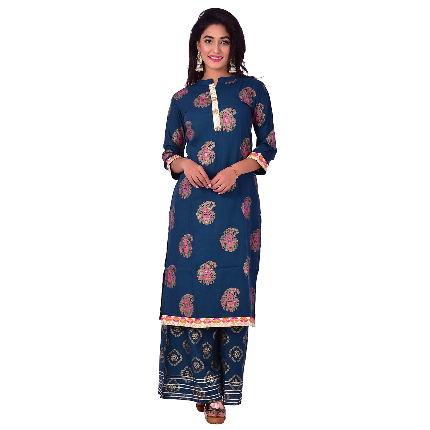Ananda Jaipur Kurta and Palazzo Set Paisley 3/4th Sleeve Blue Paisley printed with Floral Embroidered 