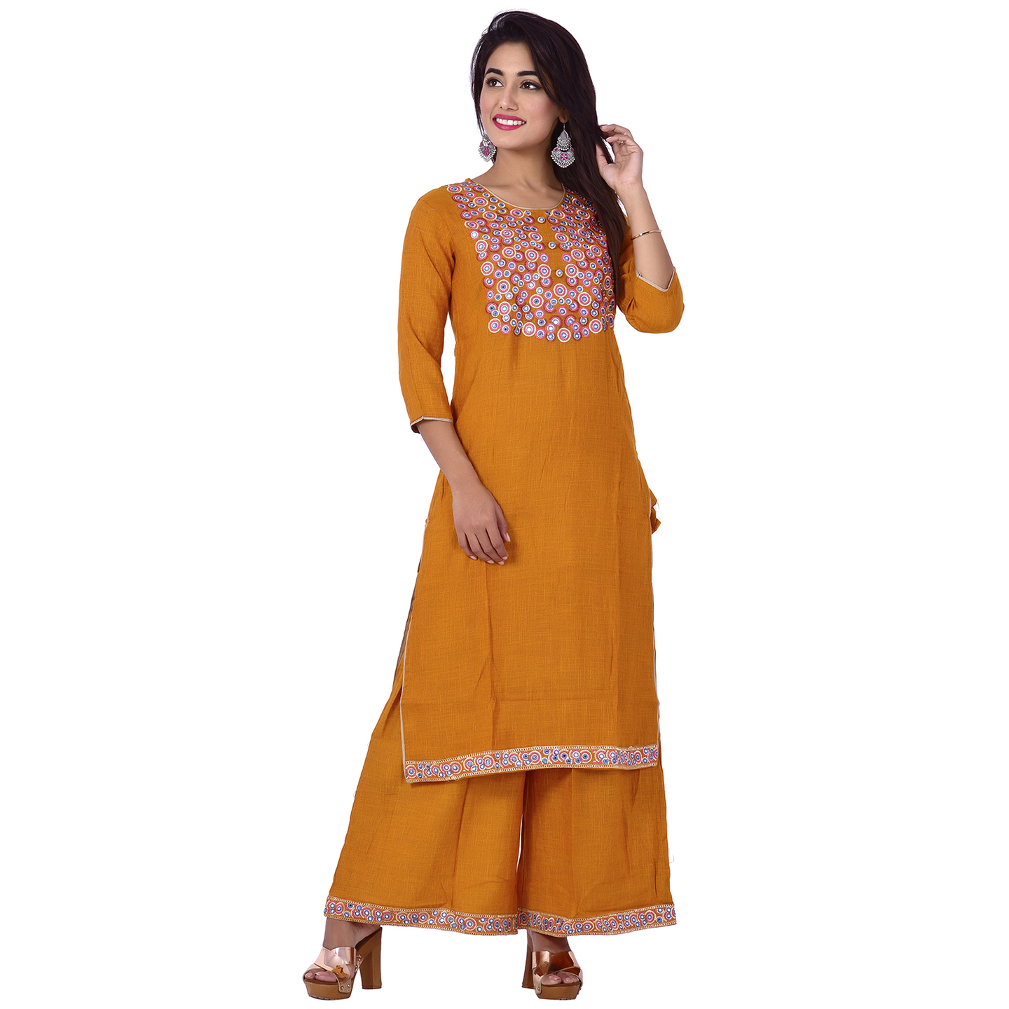 Ananda Jaipur Kurta and Palazzo Set Embroidered 3/4th Sleeve Yellow Floral Embroidered Body with Border Kurti and Plazzo Set