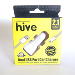 HIVE Car Charger 2.1 Amp Double slot with Data Cable (White)