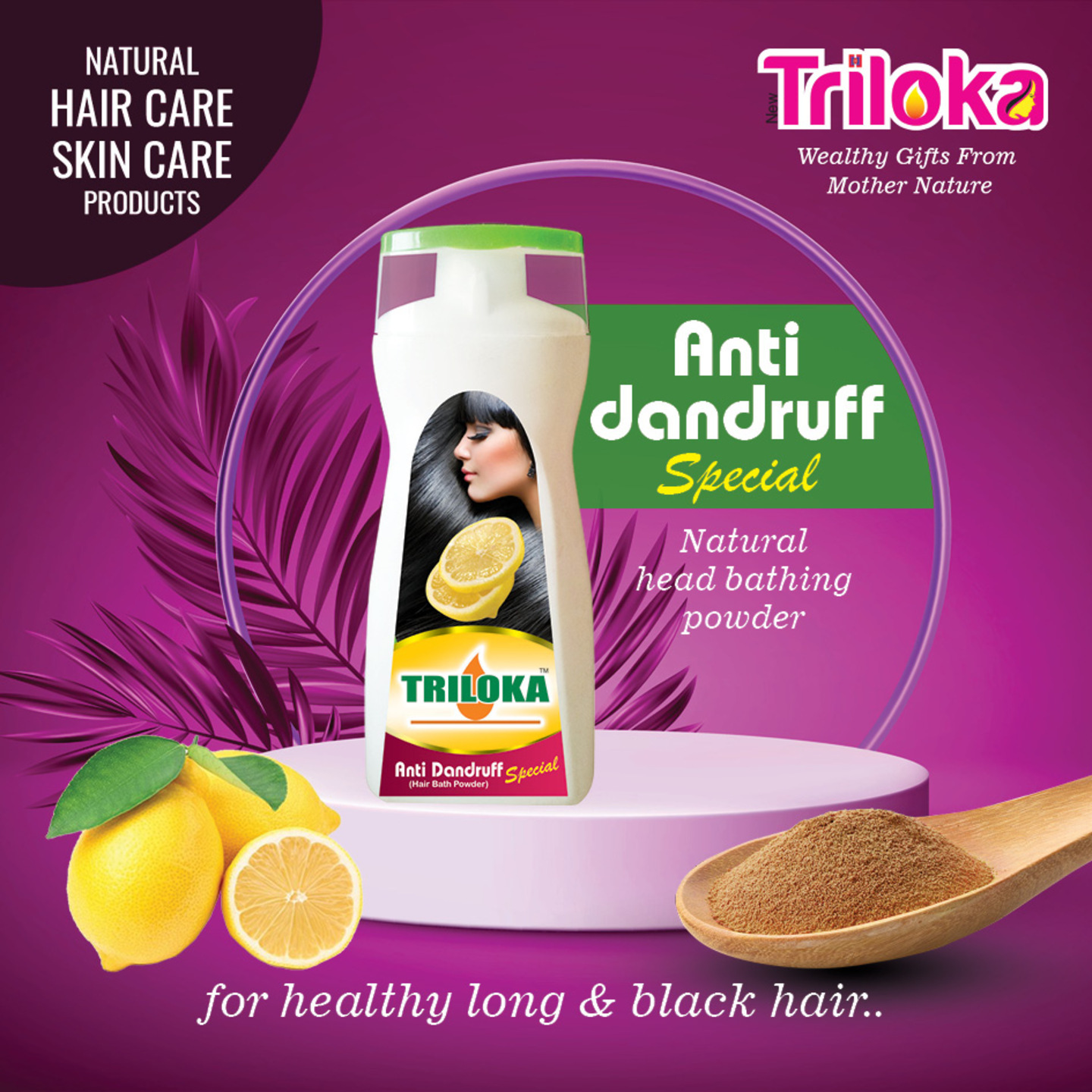 New Triloka Anti Dandruff Special Natural Hair Bathing Powder 80g, Bottle Pack