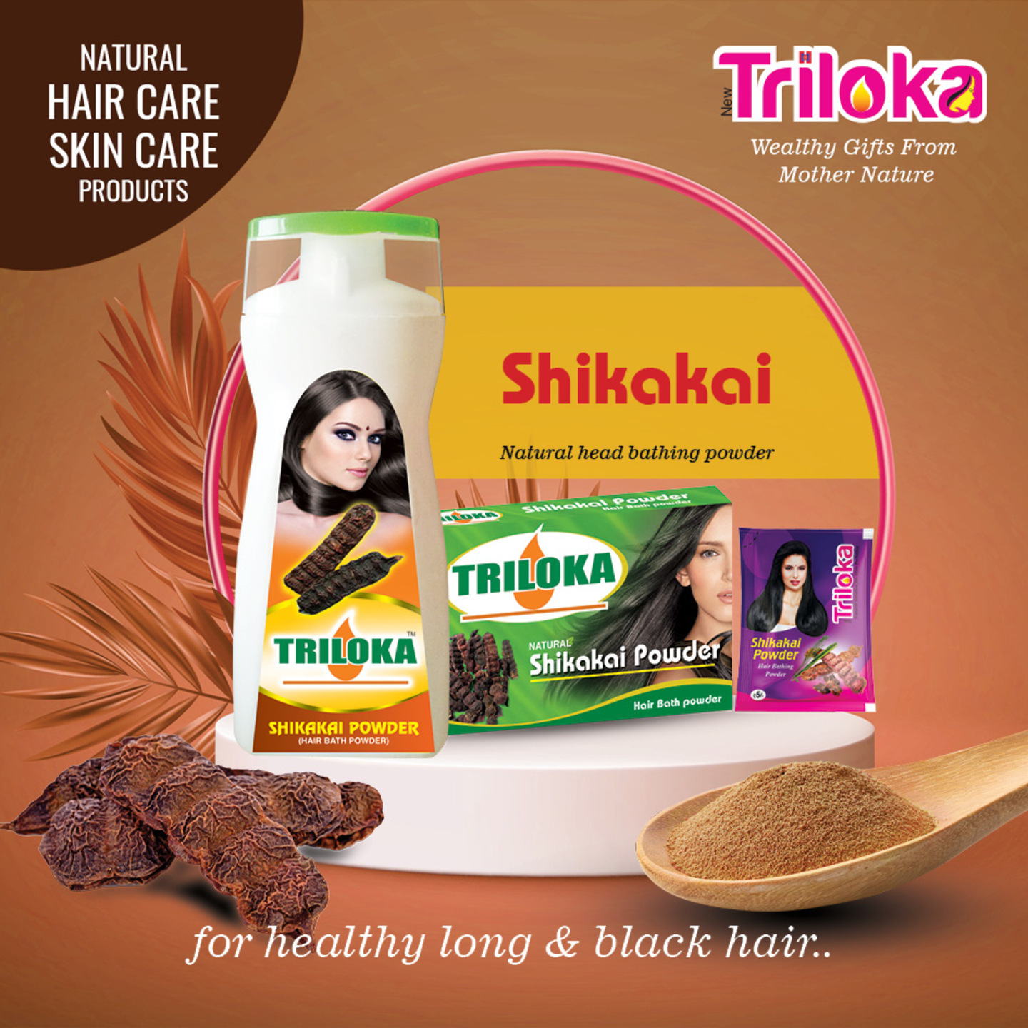 New Triloka Shikakai Natural Hair Bathing Powder 80g, Re-fill, Box Pack