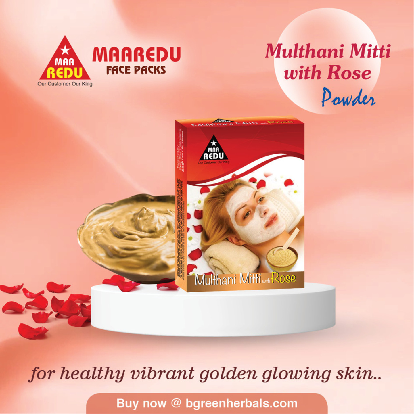 MaaRedu Natural Multhani Mitti with Rose Powder Face Pack  Skin Pack, 100g