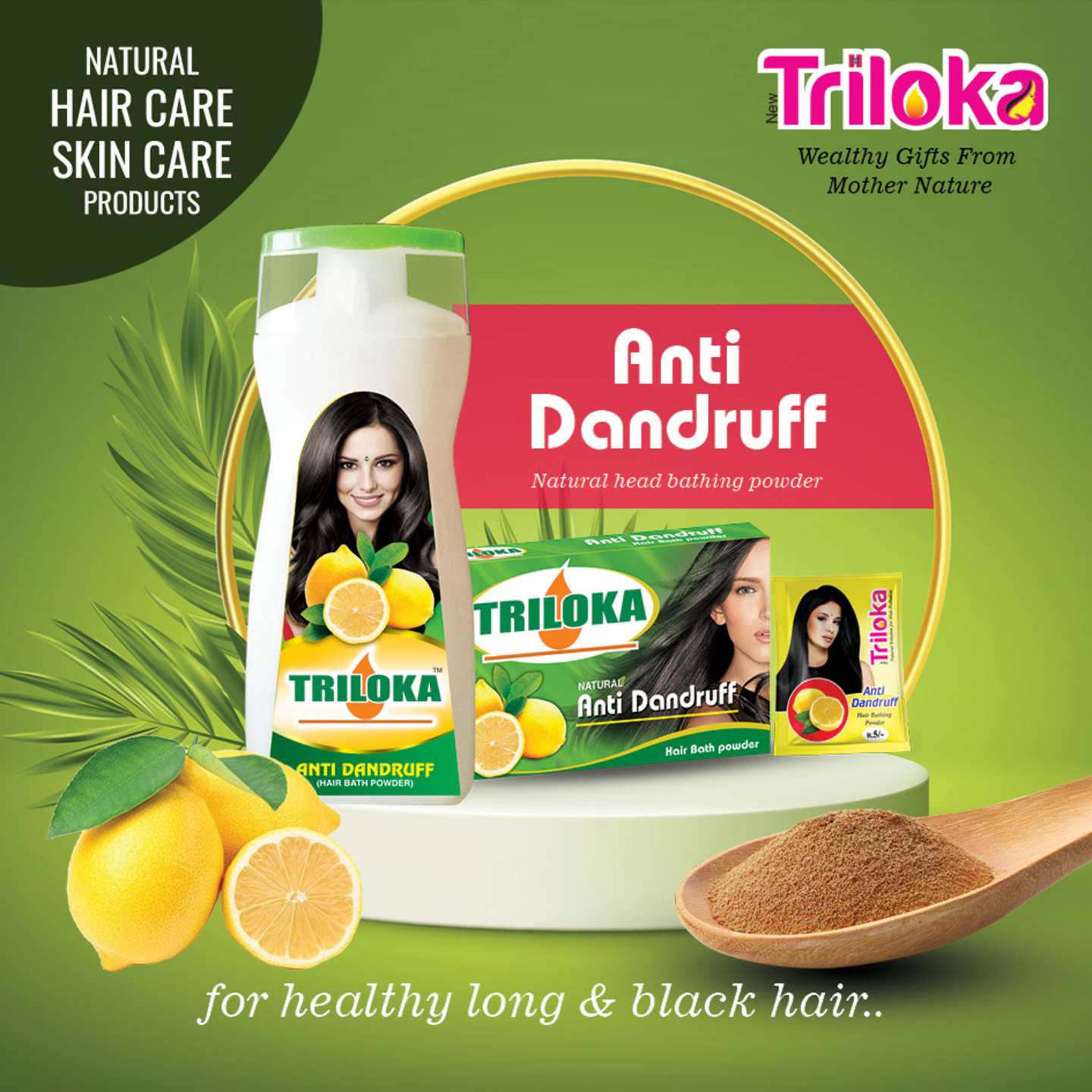 New Triloka Anti Dandruff Natural Hair Bathing Powder 80g, Bottle Pack