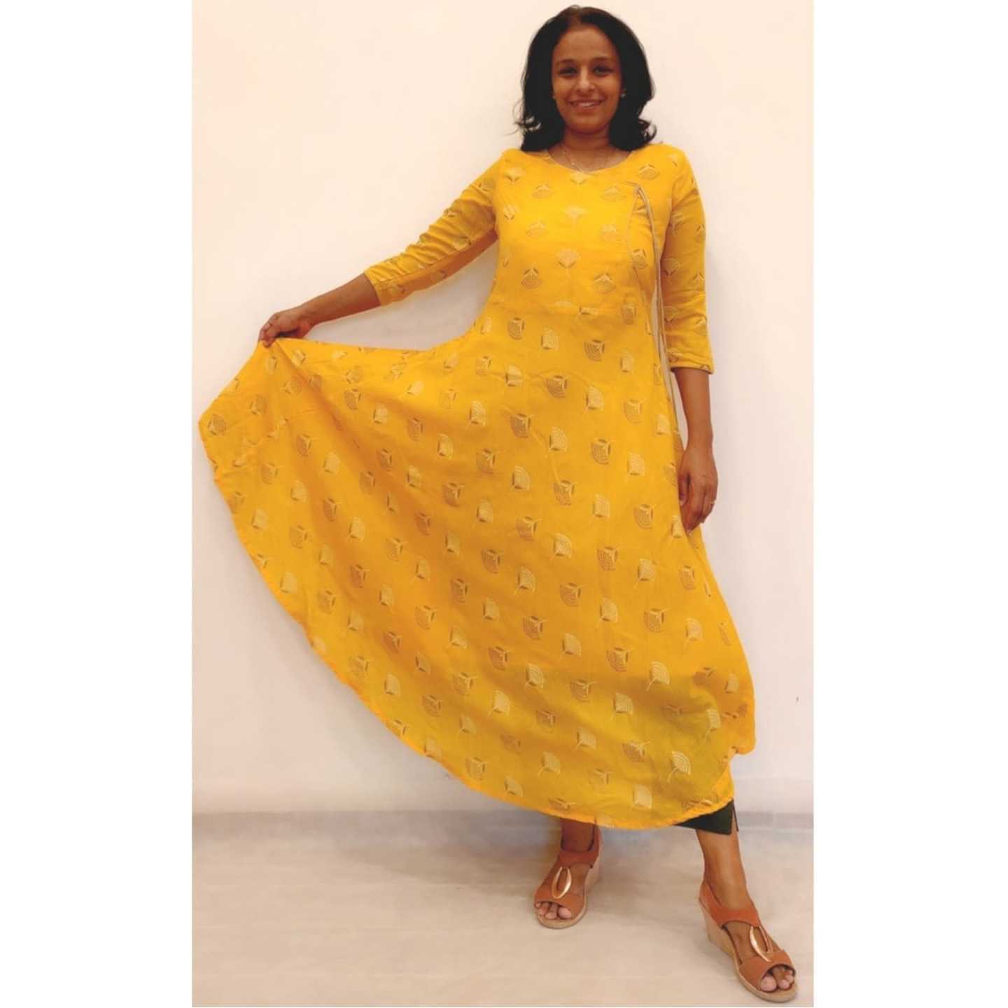 MAH COTTON MAL PRINTED ANARKALI YELLOW KURTHA