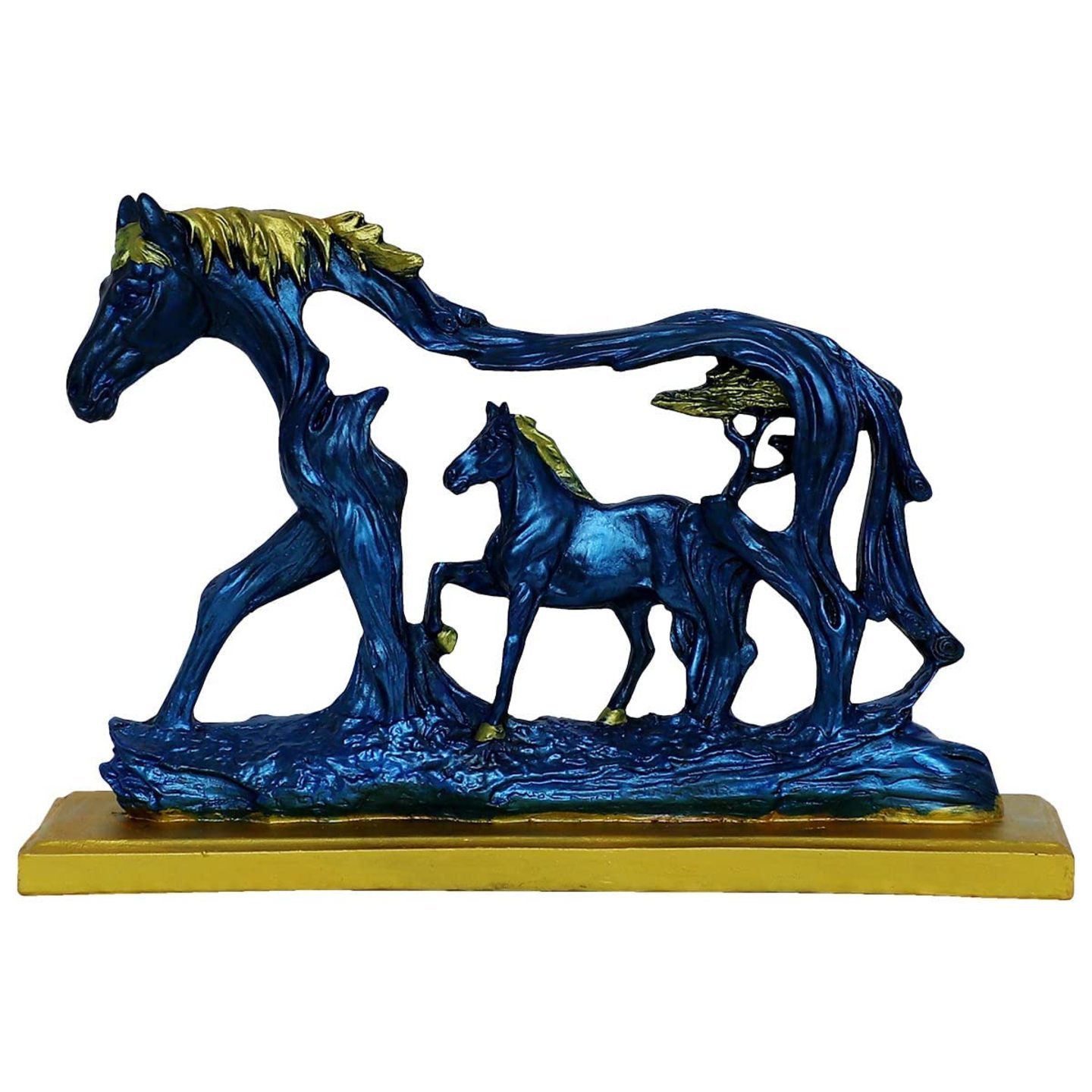 Woodybox.in 8 Handmade Horse Statue with Baby Horse Stone Finish Animal Figurines Gifts Antique Design for Home Decoration, Living Room Bedroom Blue