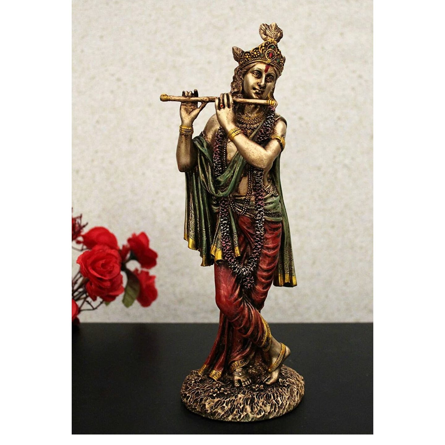 Cold Cast Krishna Playing Flute Multicolour in Resin for Home Office Mandir, Height  10 Inch