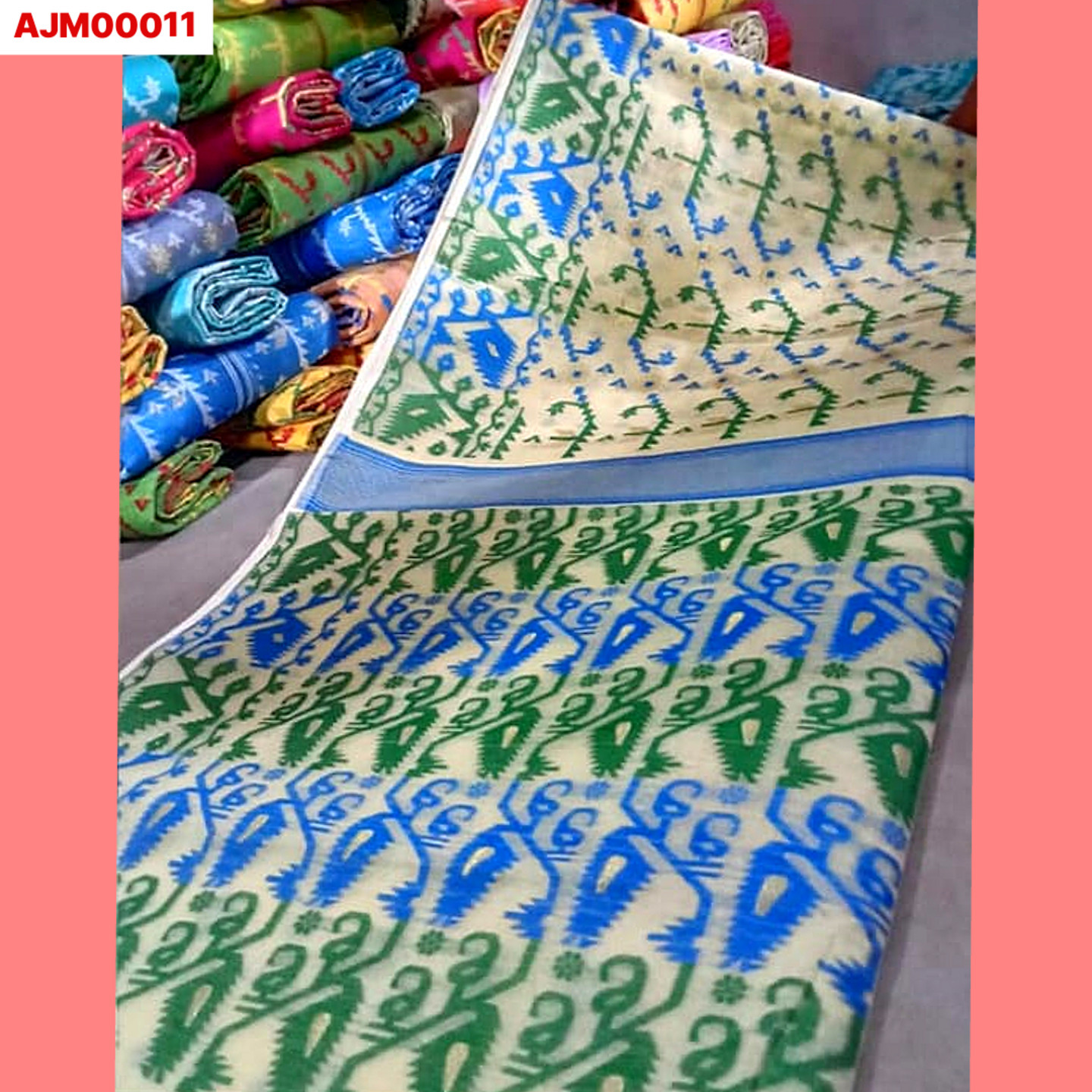 Ahiri - Traditional Jamdani Saree Collection - White with Green & Blue