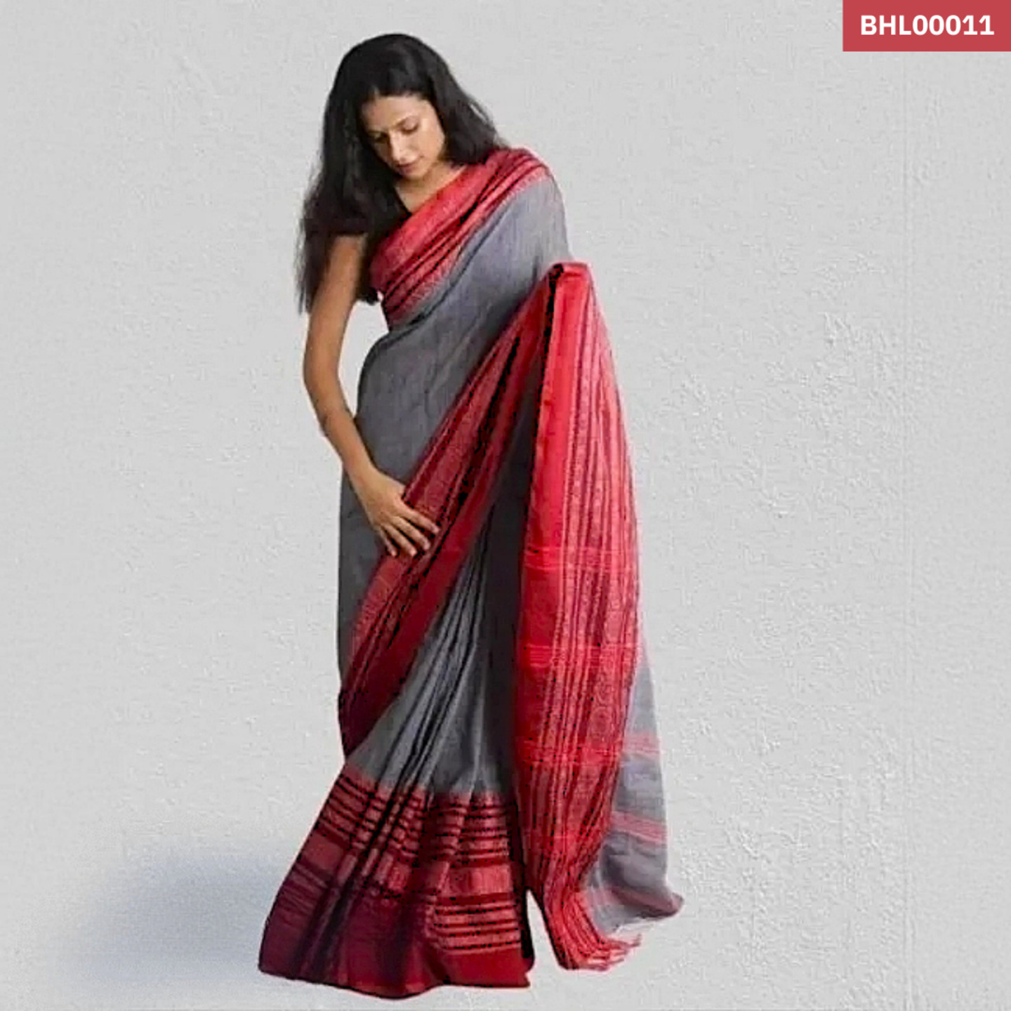 Bunon - Traditional Handloom Saree - Grey & Red