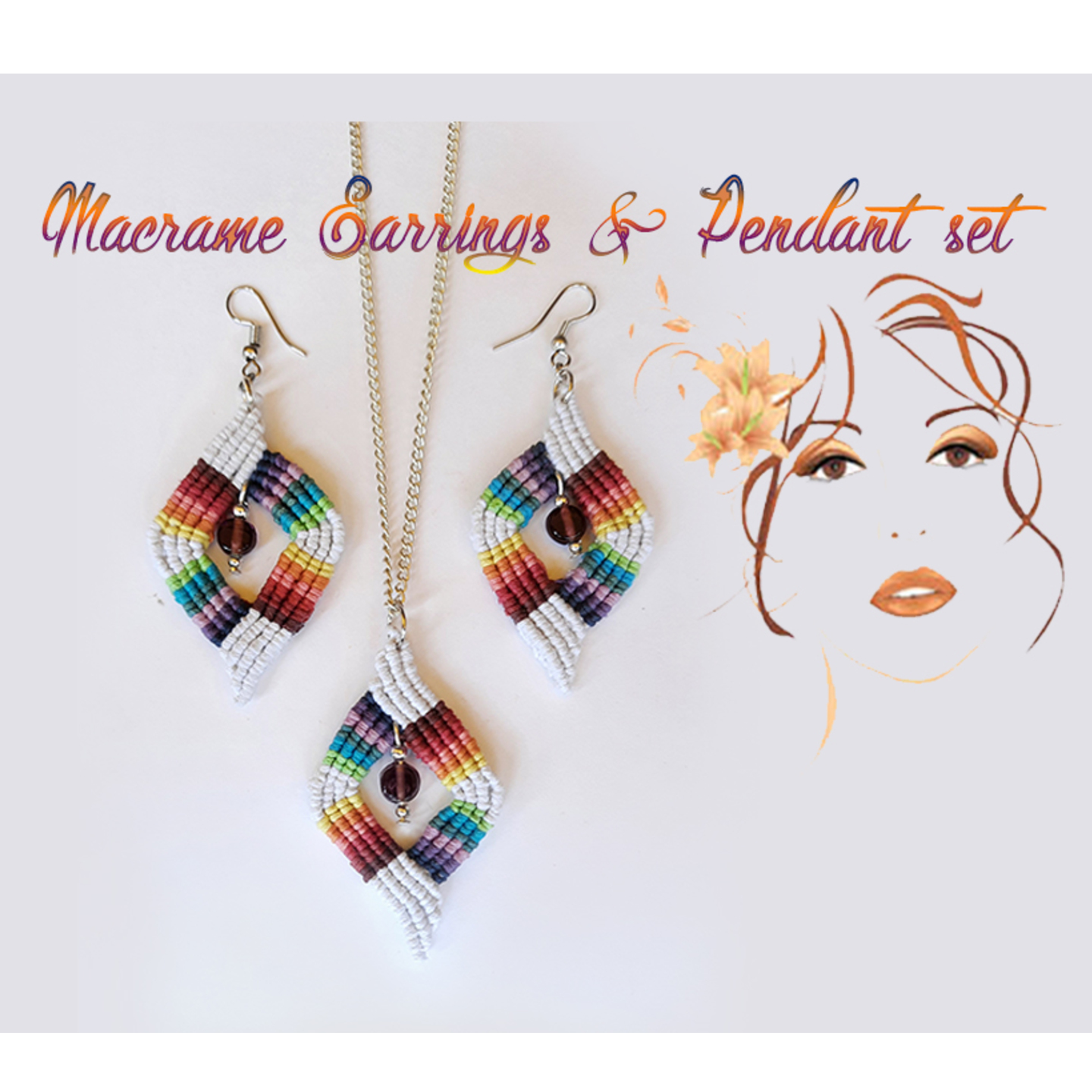 Macrame Multicolor Earrings & Pendant Set