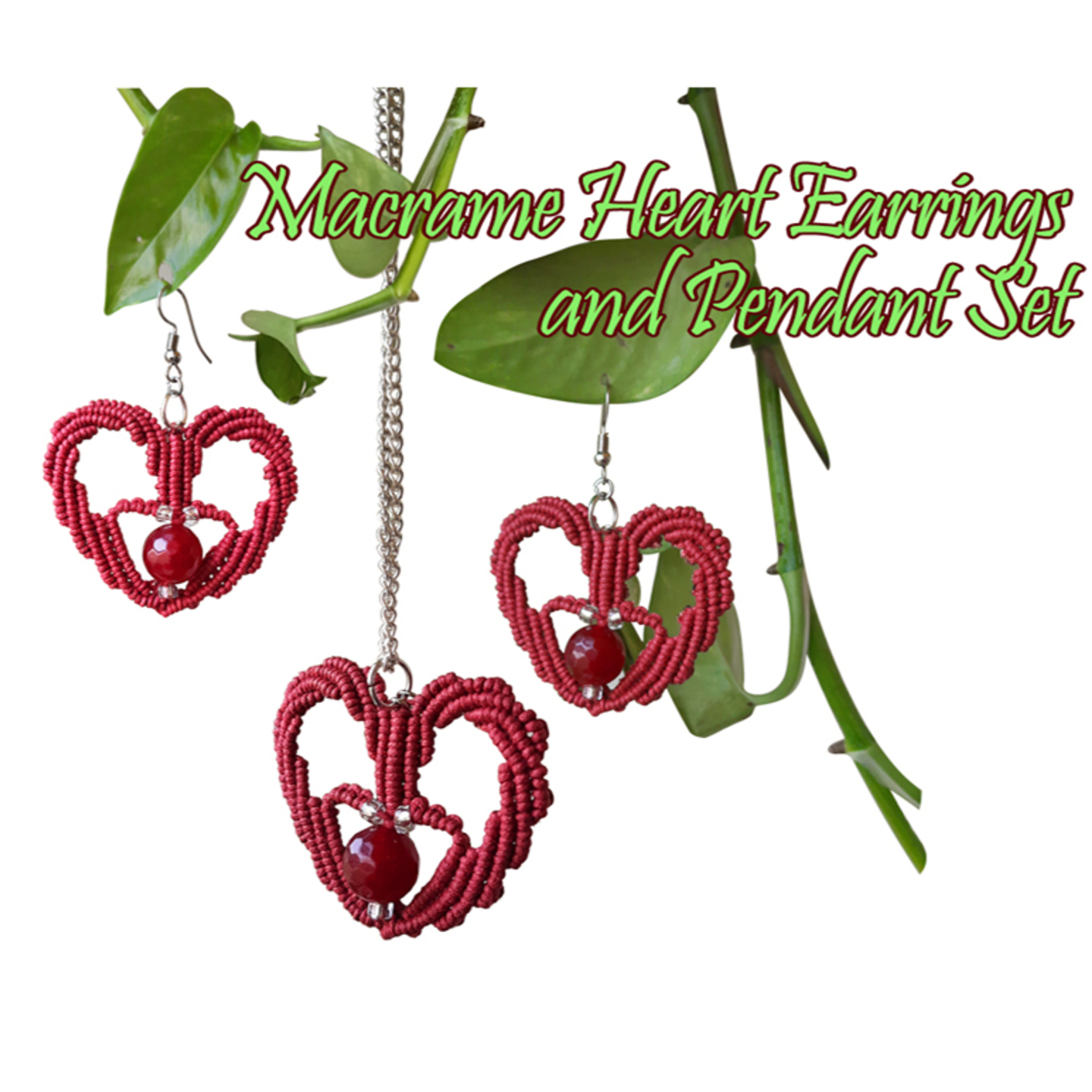 Macrame Heart Earrings & Pendant Set