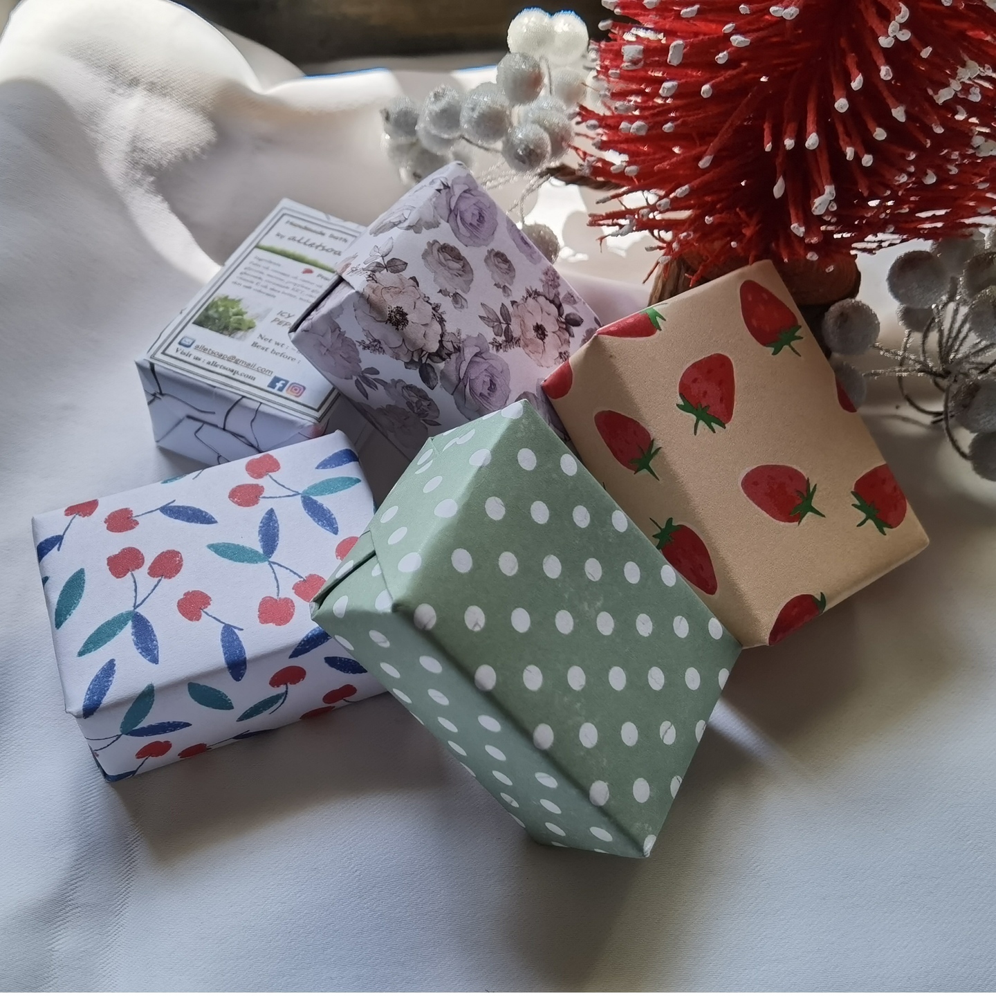 Bundle of 5 Hand Soaps in Floral  Pattern Paper Wrapped