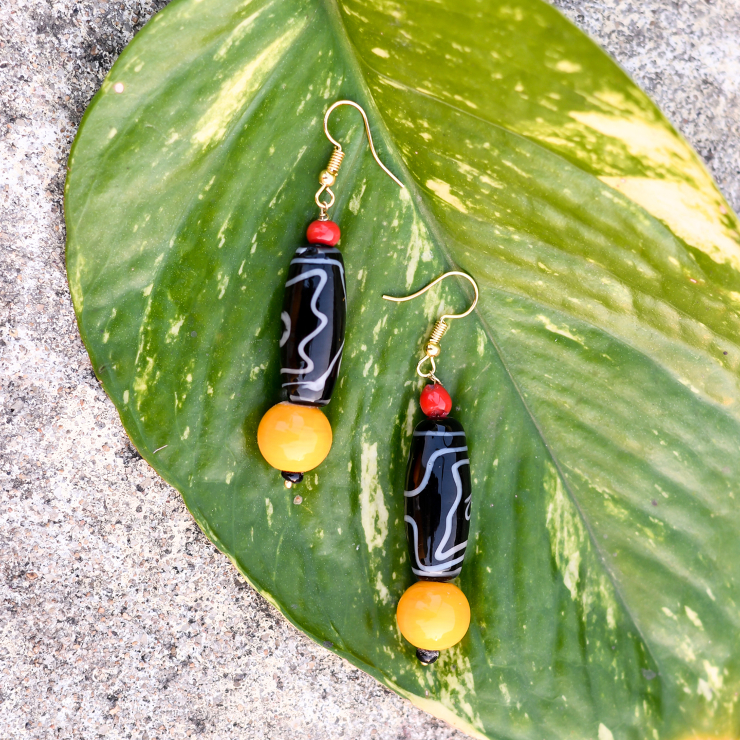 Handmade Red, Black & Yellow Ceramic Beads Dangle Earrings