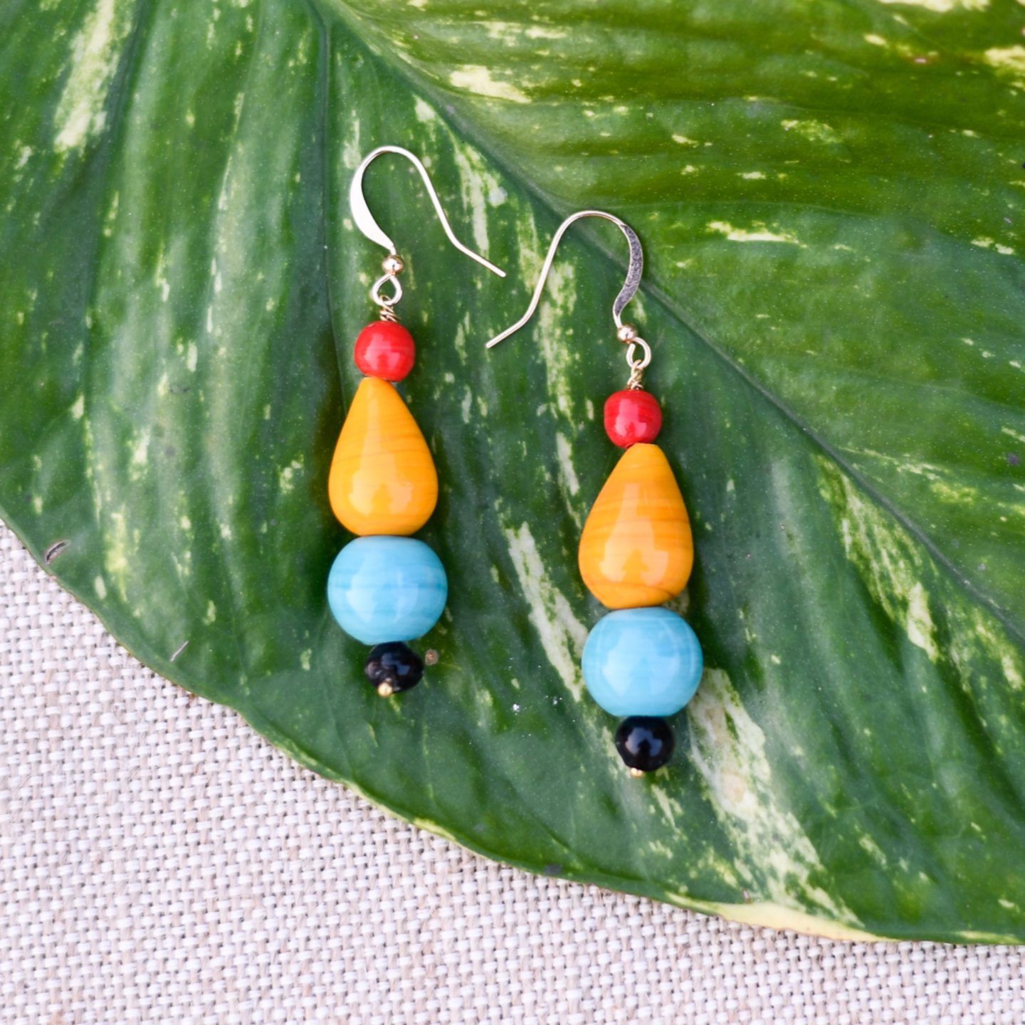 Handmade Red, Yellow, Aqua & Black Ceramic Beads Dangle Earrings