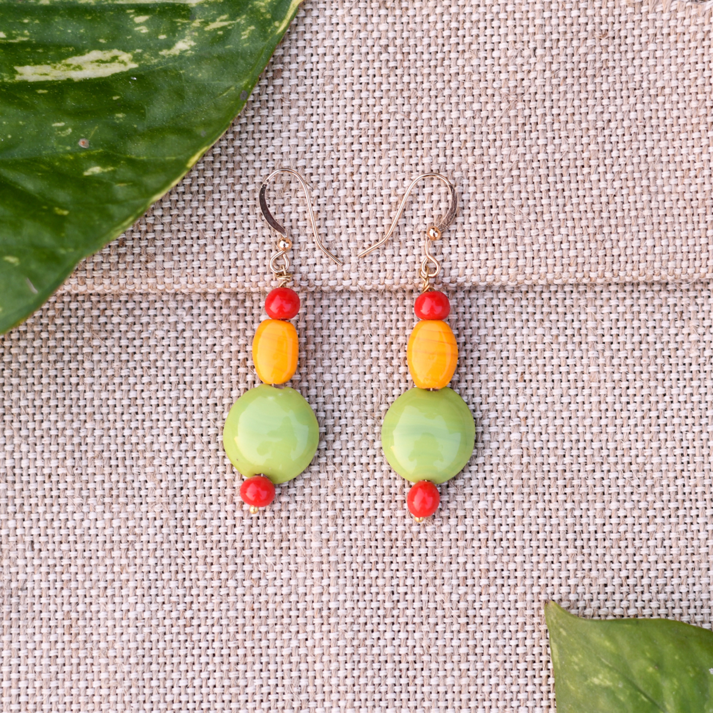 Handmade Red Yellow & Green Ceramic Beads Dangle Earrings