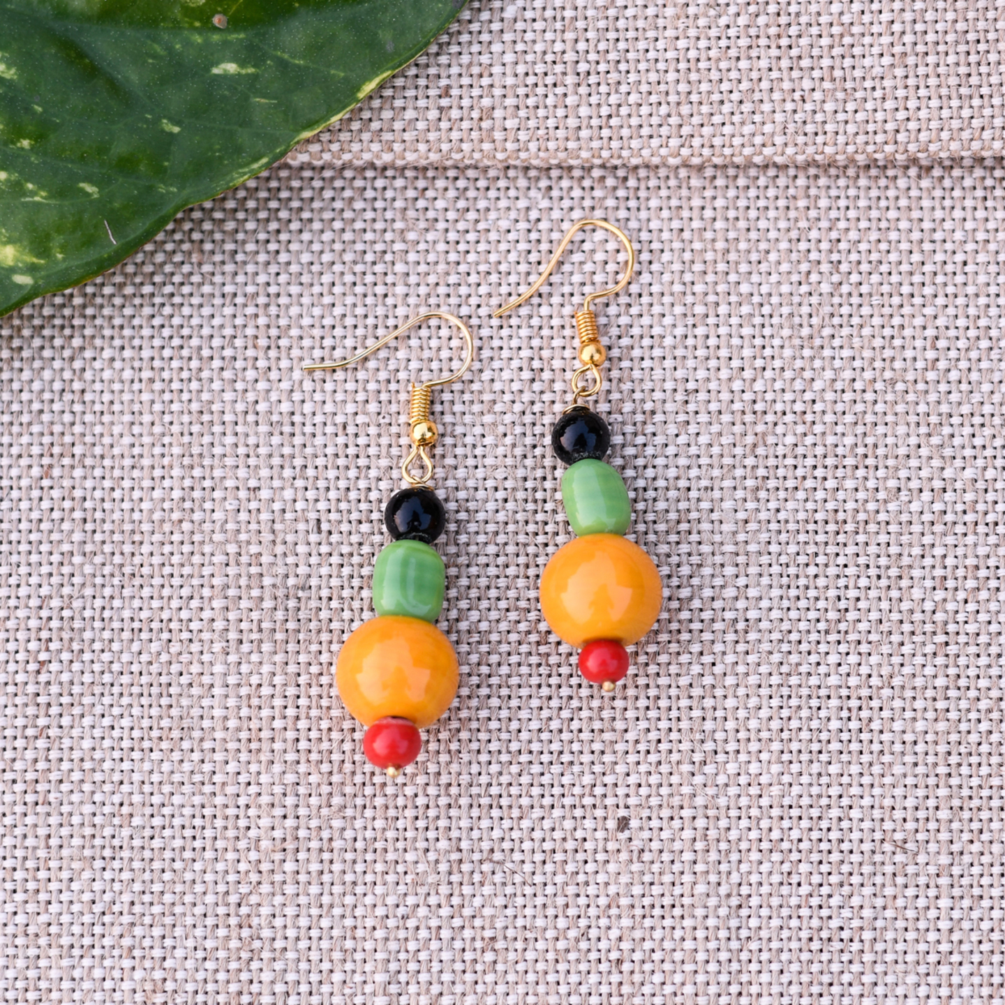 Handmade Black, Green, Yellow, Red Ceramic Beads Dangle Earrings