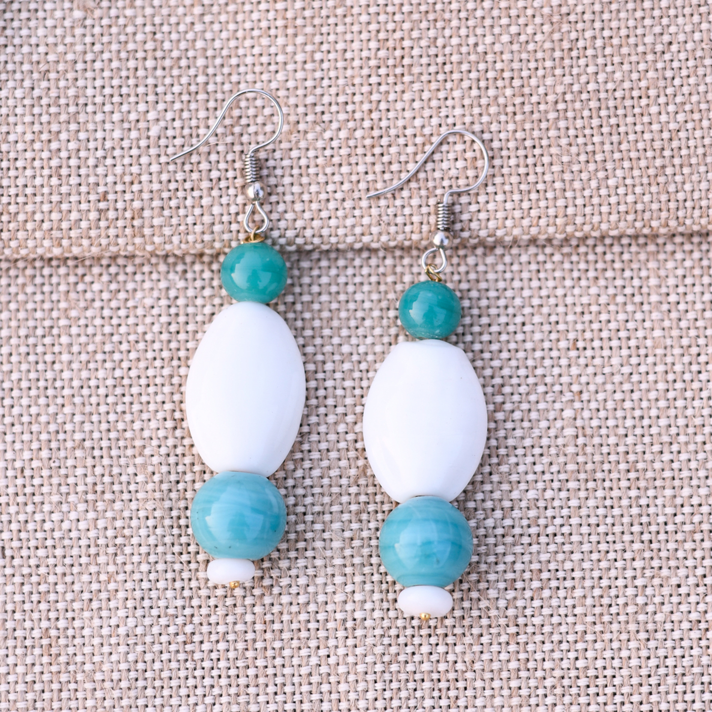 Handmade Aqua & White Ceramic Beads Dangle Earrings