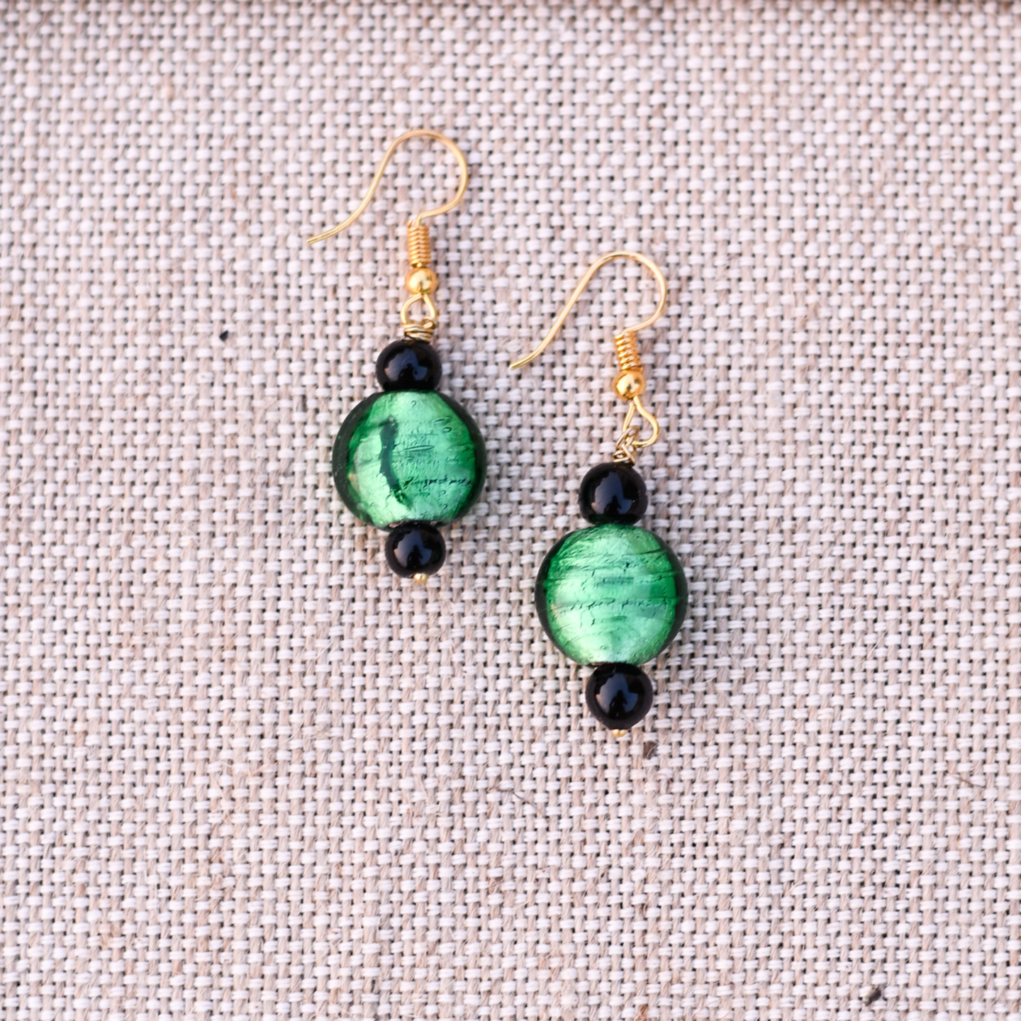 Handmade Green Glass and Black Ceramic Beads Dangle Earrings