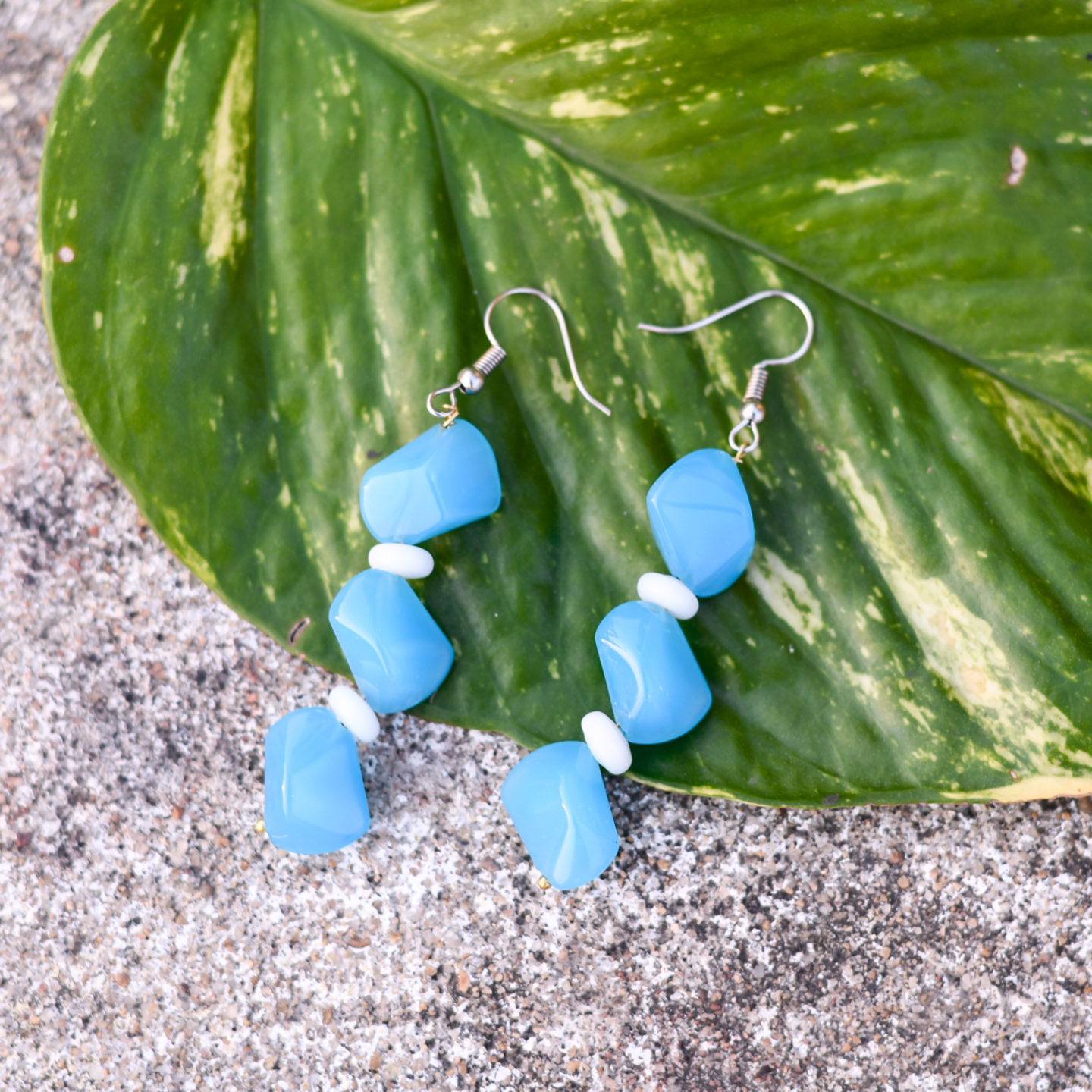 Handmade Blue & White Beads Dangle Earrings