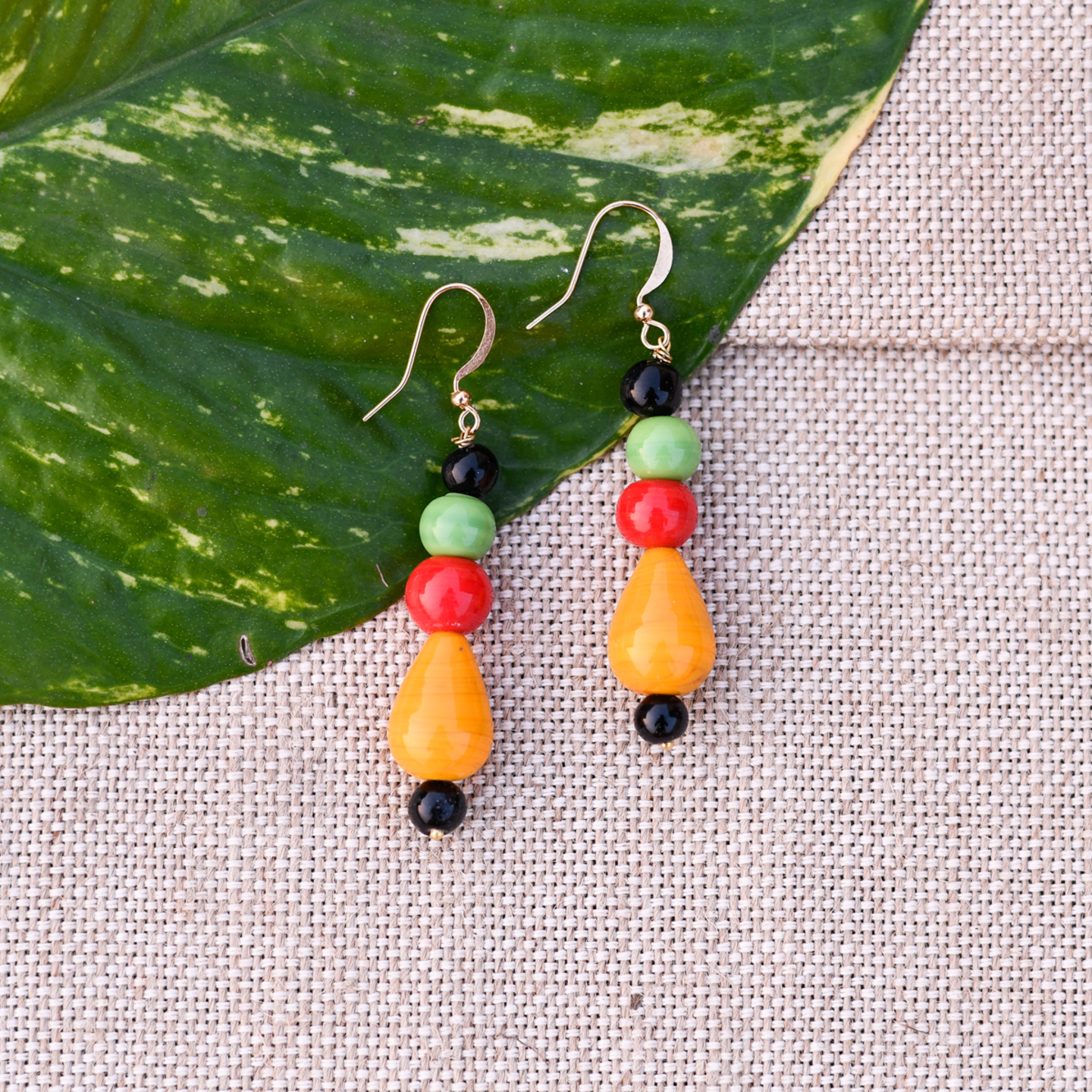 Handmade Black, Green, Red, Yellow Ceramic Beads Dangle Earrings