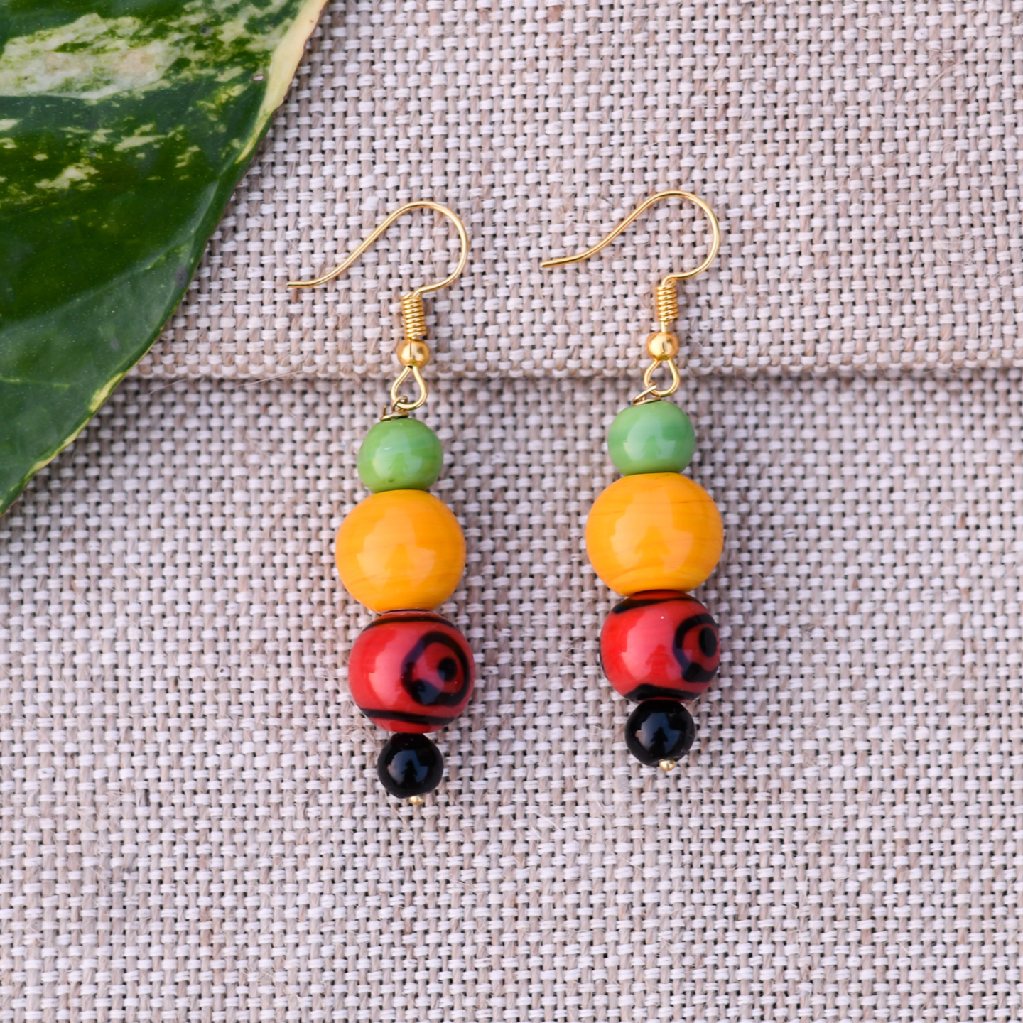 Handmade Green, Yellow, Red & Black Ceramic Beads Dangle Earrings