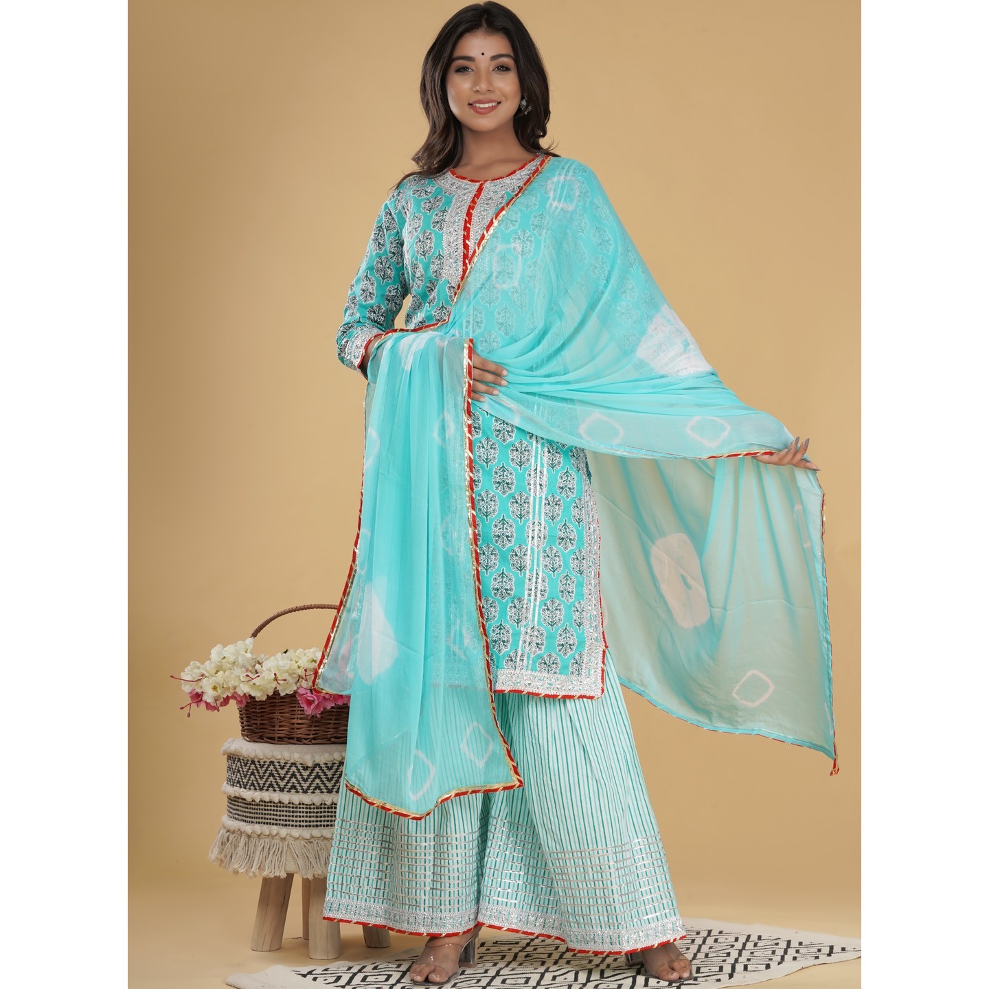 Shivanya Handicrafts Women Cotton Straight Kurta Sharara Set With Chiffon Dupatta_SHSH-002