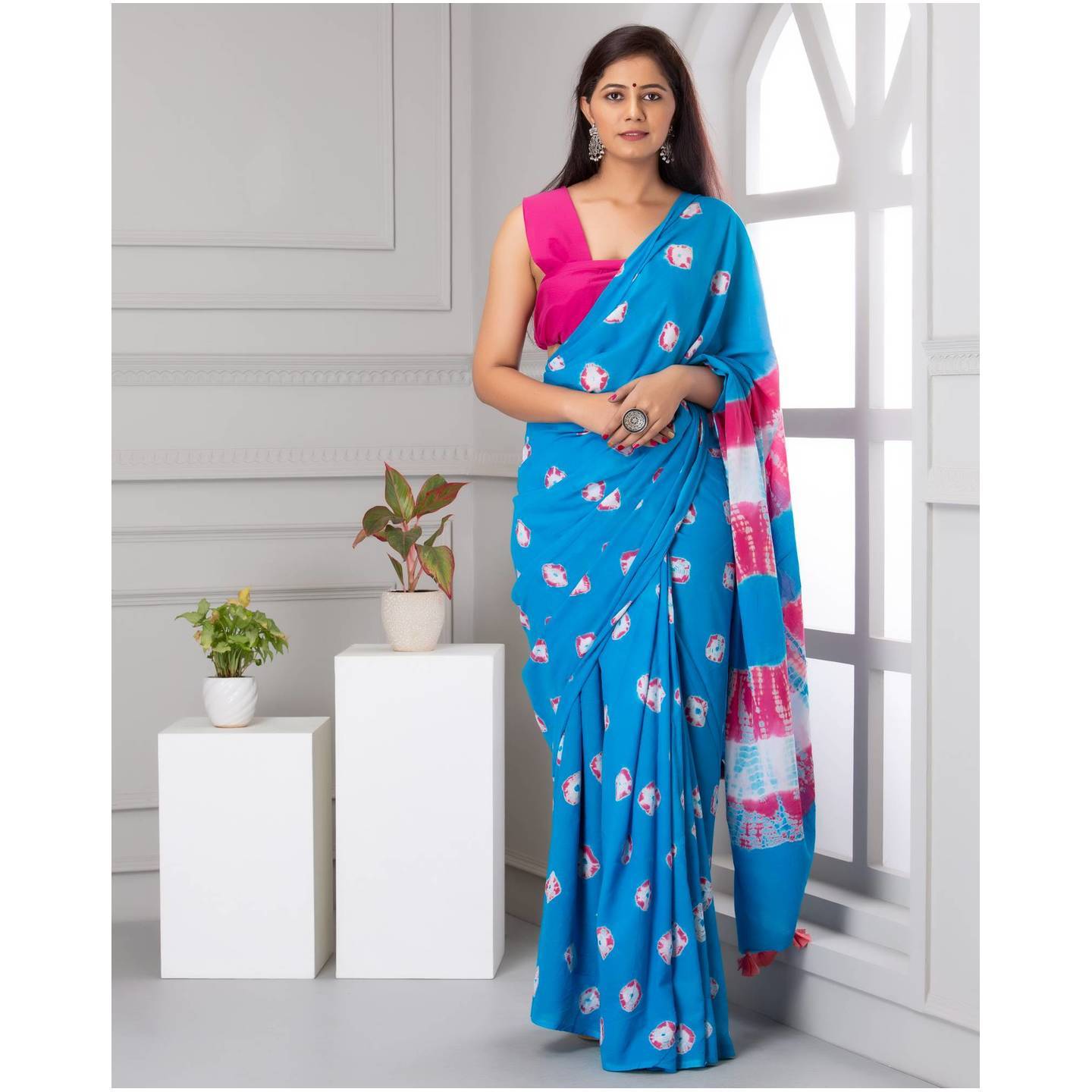 Shivanya Handicrafts Womens Hand block printed cotton mulmul fabric saree Shibori Tye and Dye printed With Blouse Piece Traditional Jaipuri Print_SH-0869