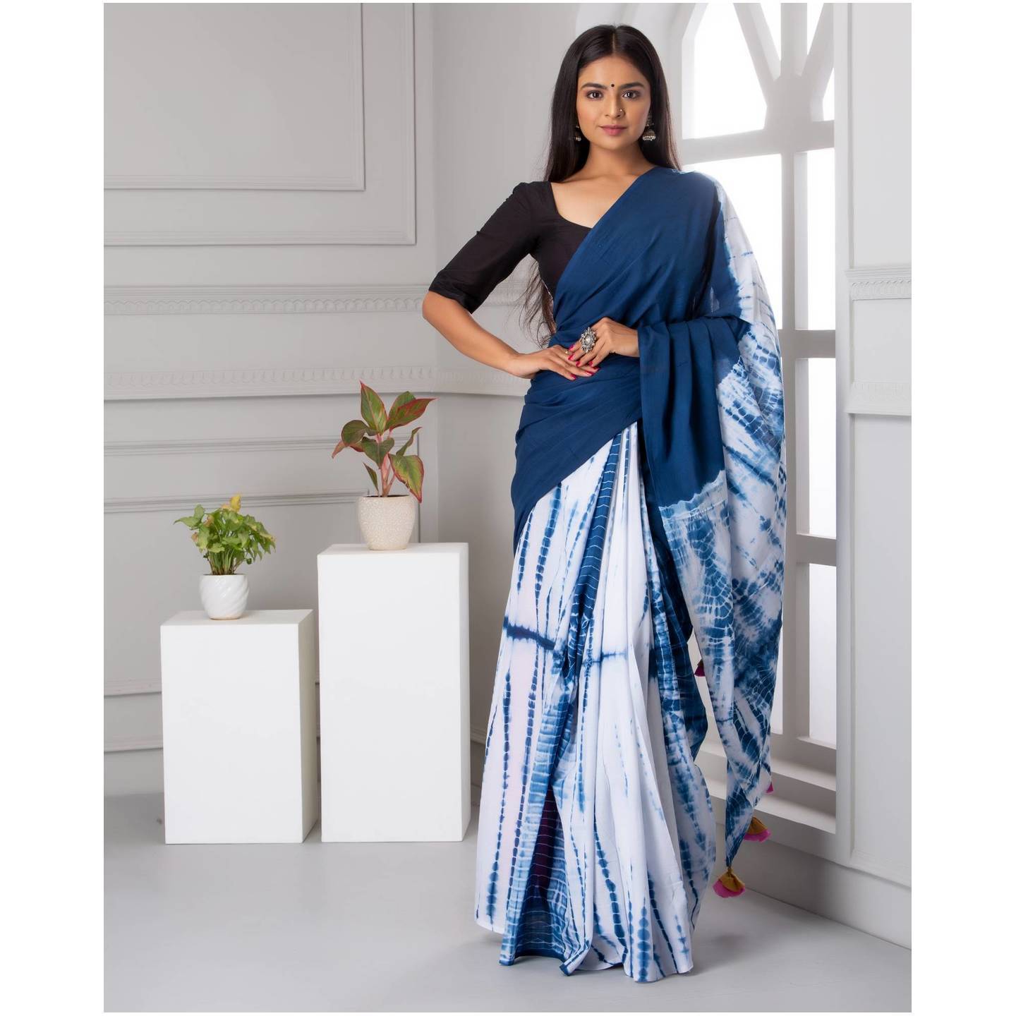 Shivanya Handicrafts Womens Hand block printed cotton mulmul fabric saree Shibori Tye and Dye printed With Blouse Piece Traditional Jaipuri Print_SH-0865